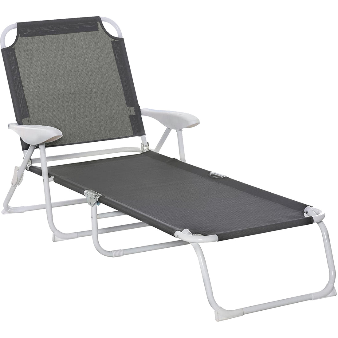 Outsunny Folding Chaise Lounge, Outdoor Sun Tanning Chair, 4 Position Reclining Back, Armrests, Metal Frame And Mesh Fabric For Beach, Yard, Patio, Dark Gray Dark Grey Metal