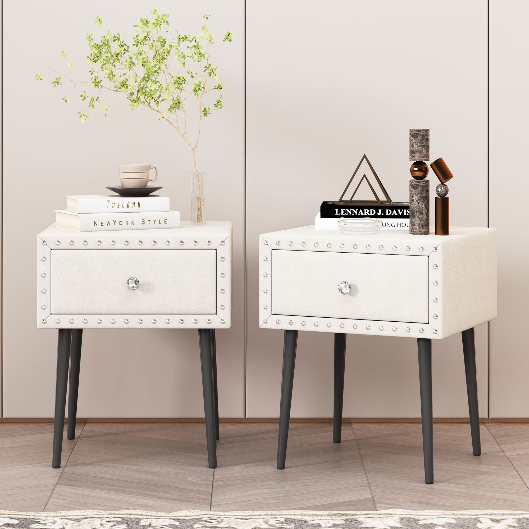 Modern Nightstands Set Of 2 With Drawer And Crystal Handle, Elegant Rivet Velvet Design Bedside Table For Bedroom, Beige Beige 1 Drawer Bedside Cabinet Mdf