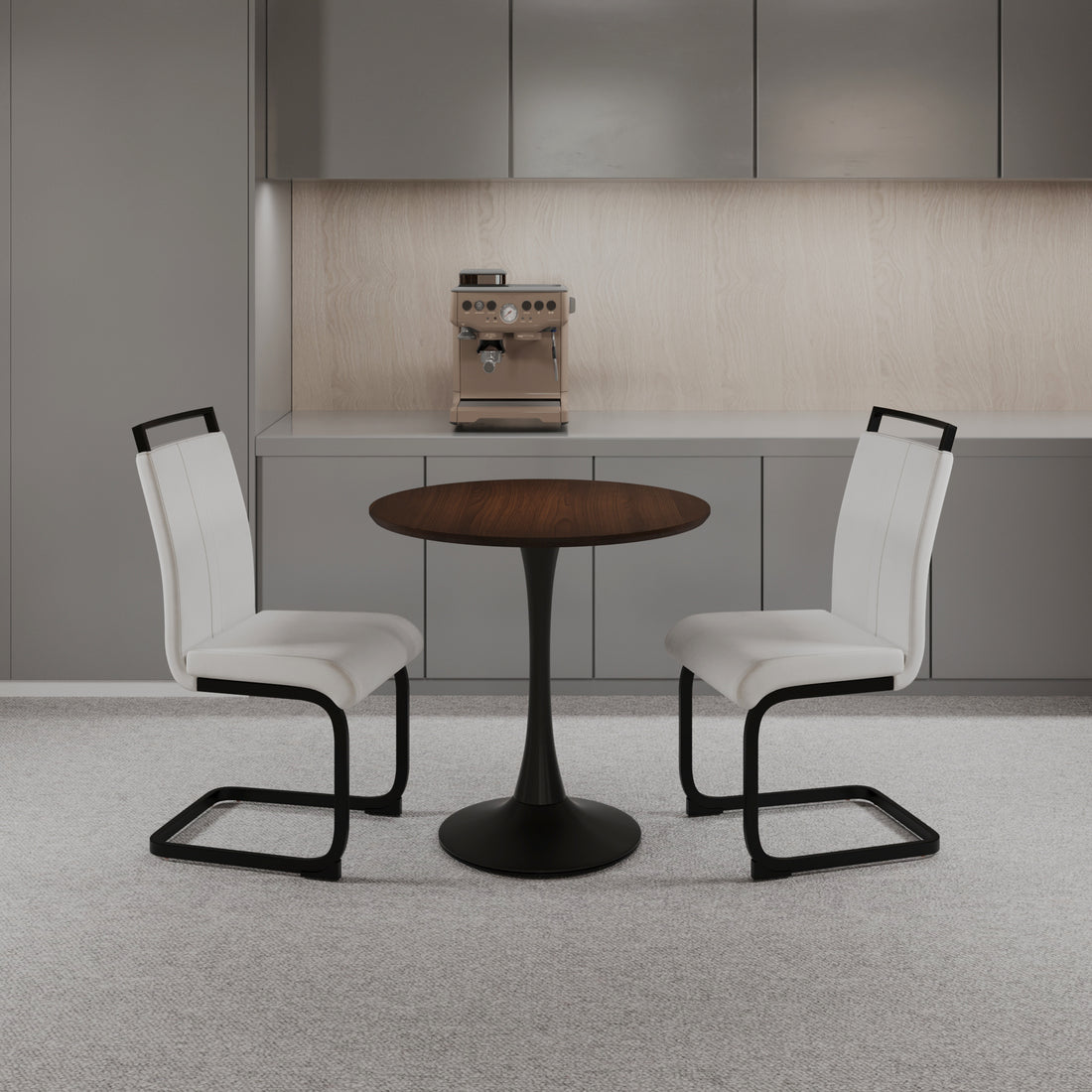 Walnut Circular Dining Table, 31.5 "Tulip Dining Table, Kitchen Dining Table For 2 4 People, Mdf Tabletop And Base, And 2 White Pu Black Metal Leg Dining Chairs Set 2 Walnut Mdf