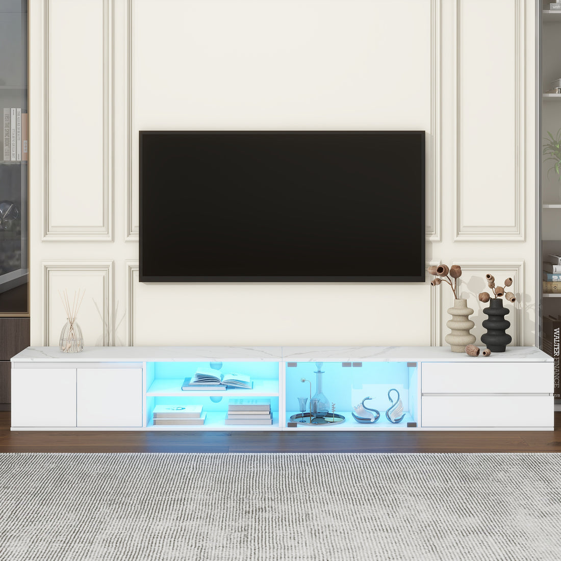 Modern App Controlled Led Tv Stand For Tvs Up To 105'', Faux Marble Tabletop Media Console With Tempered Glass Doors, Entertainment Center With 2 Drawers & Cabinets For Living Room, White White 90 Inches Or Larger Particle Board Mdf