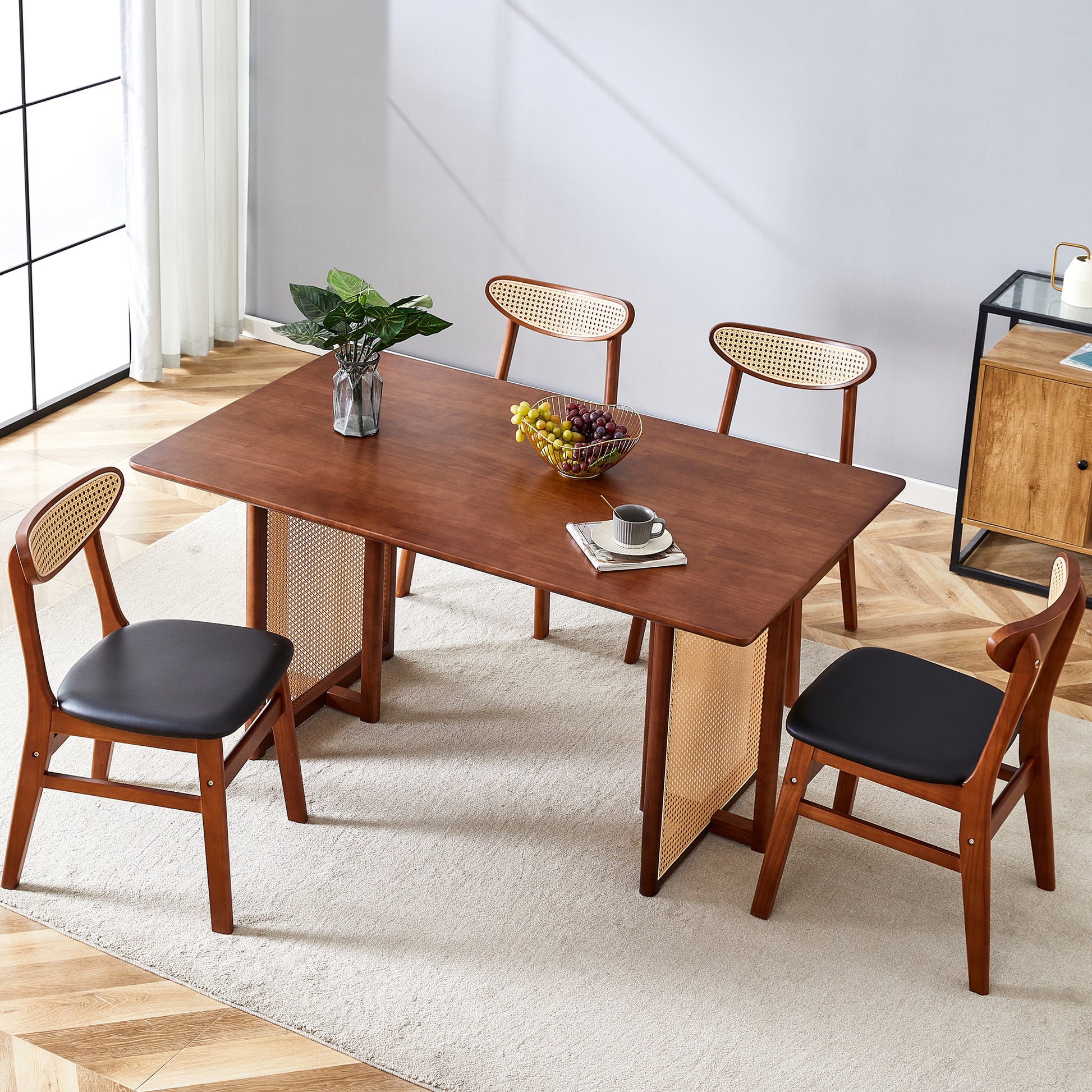 Table And Chair Set, Ancient Style Solid Wood Dining Table, Imitation Rattan Table Legs, Beautiful Simple Solid Wood Dining Chair, Perfect For Dinner, Meetings, Home And Office Decoration Walnut Rubber Wood