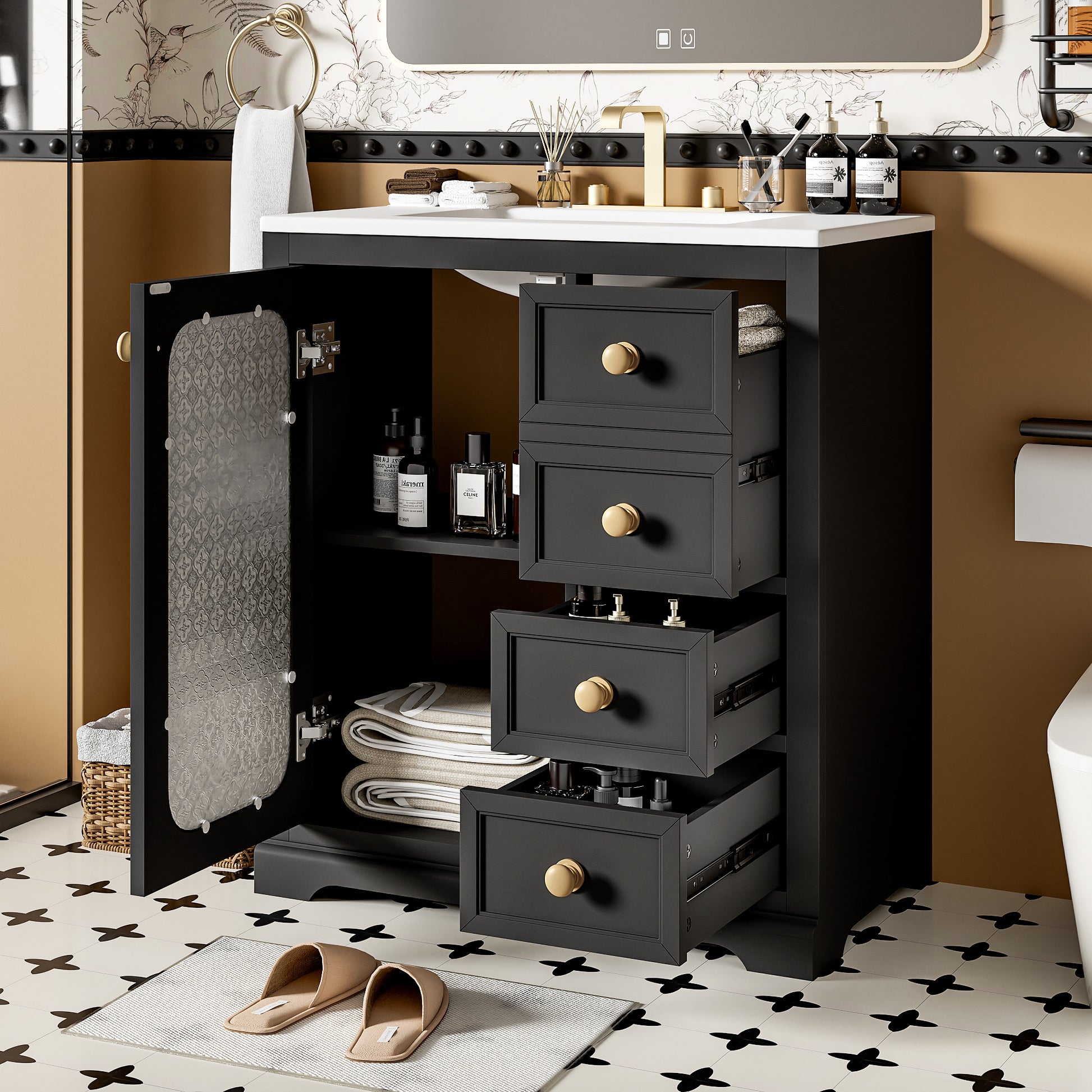 30 Inch Bathroom Vanity With A Soft Close Glass Door, Adjustable Shelves, And Three Drawers Black Bathroom Solid Wood Mdf Glass
