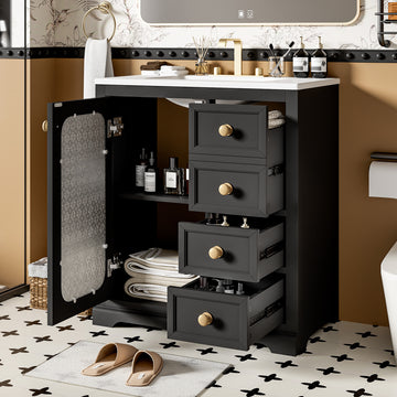 30 Inch Bathroom Vanity With A Soft Close Glass Door, Adjustable Shelves, And Three Drawers Black Bathroom Solid Wood Mdf Glass
