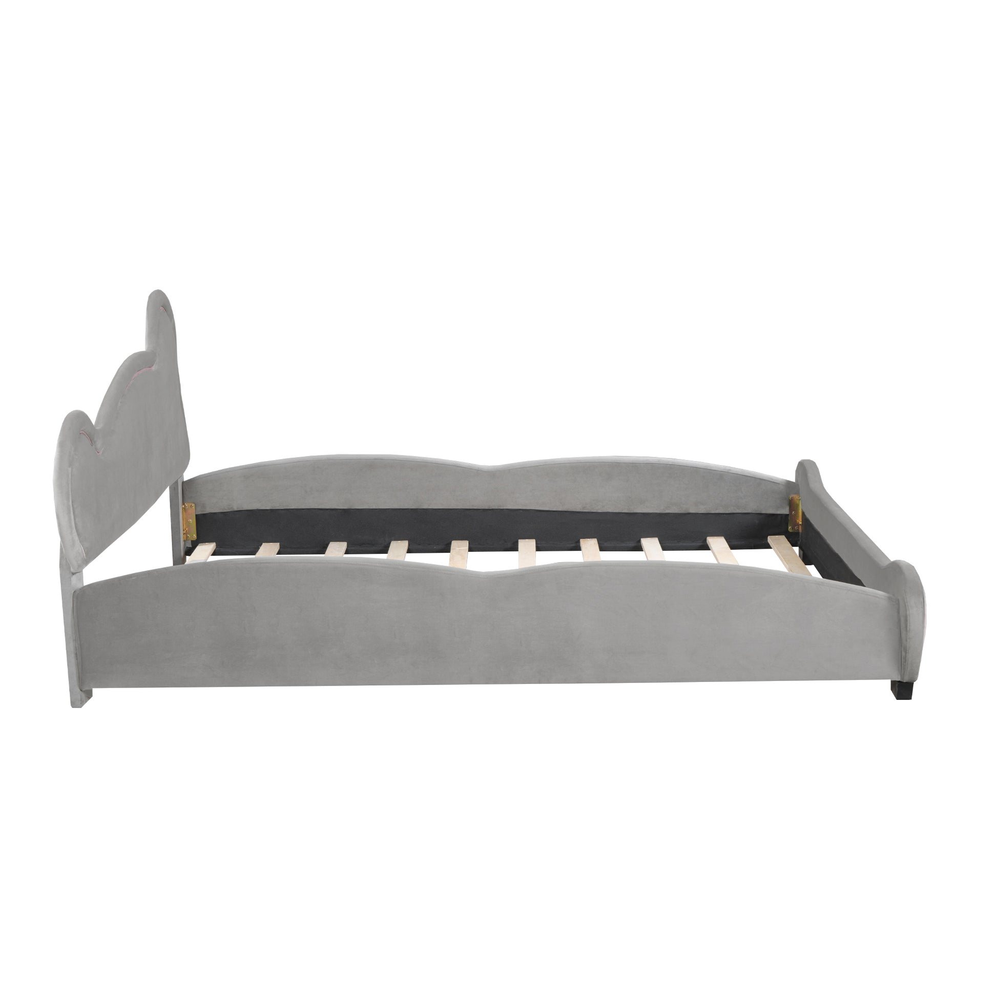 Queen Size Velvet Platform Bed With Bear Shaped Headboard, With Bed End Storage Pocket, Gray Queen Gray Plywood