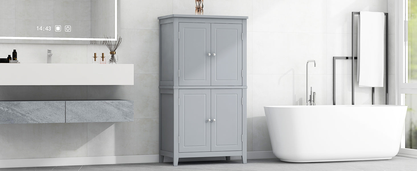 Elegant Bathroom Floor Storage Cabinet, Bathroom Storage Unit, Freestanding Cabinet With 4 Doors, Adjustable Shelves, Adaptable Shelves, Grey Grey Mdf