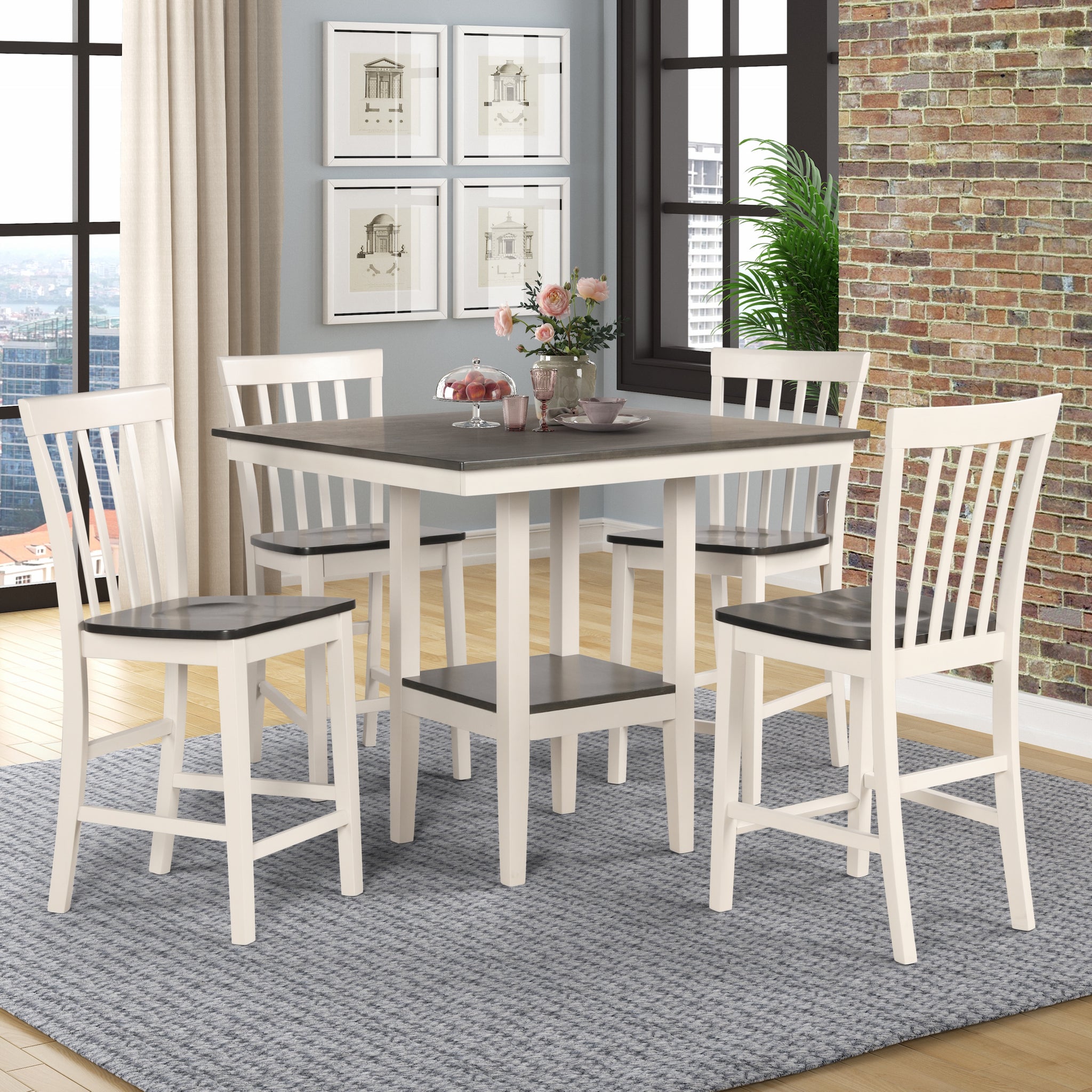 Rustic Farmhouse Transitional 5 Pc Counter Height Dining Set Square Table Wood Top Bottom Display Shelf Chair Wooden Dining Room Furniture Gray White Finish Dinette Wood Wood Antique White Gray Slat