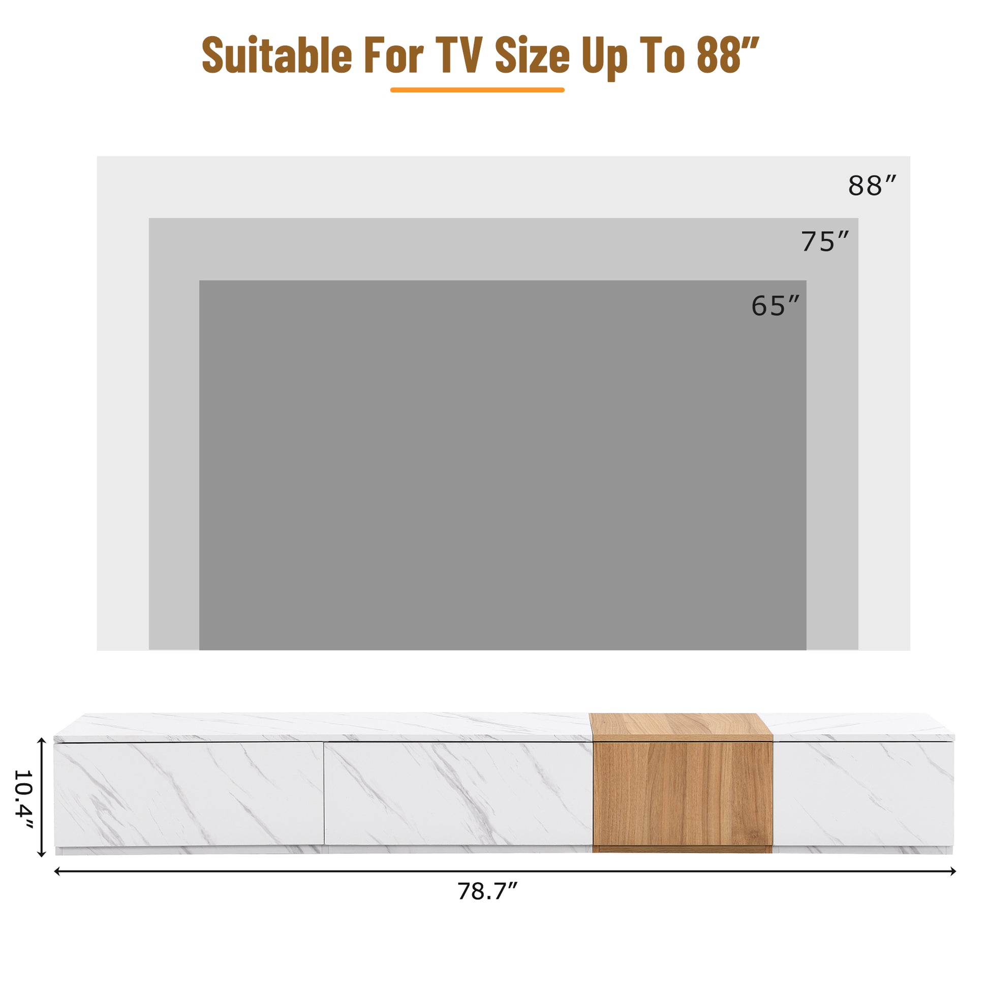 Tv Stand With Faux Marble And Walnut Wood Grain Finish For Tvs Up To 88'', Modern Free Combination Entertainment Center With 4 Storage Drawers For Living Room, White White 80 89 Inches Particle Board