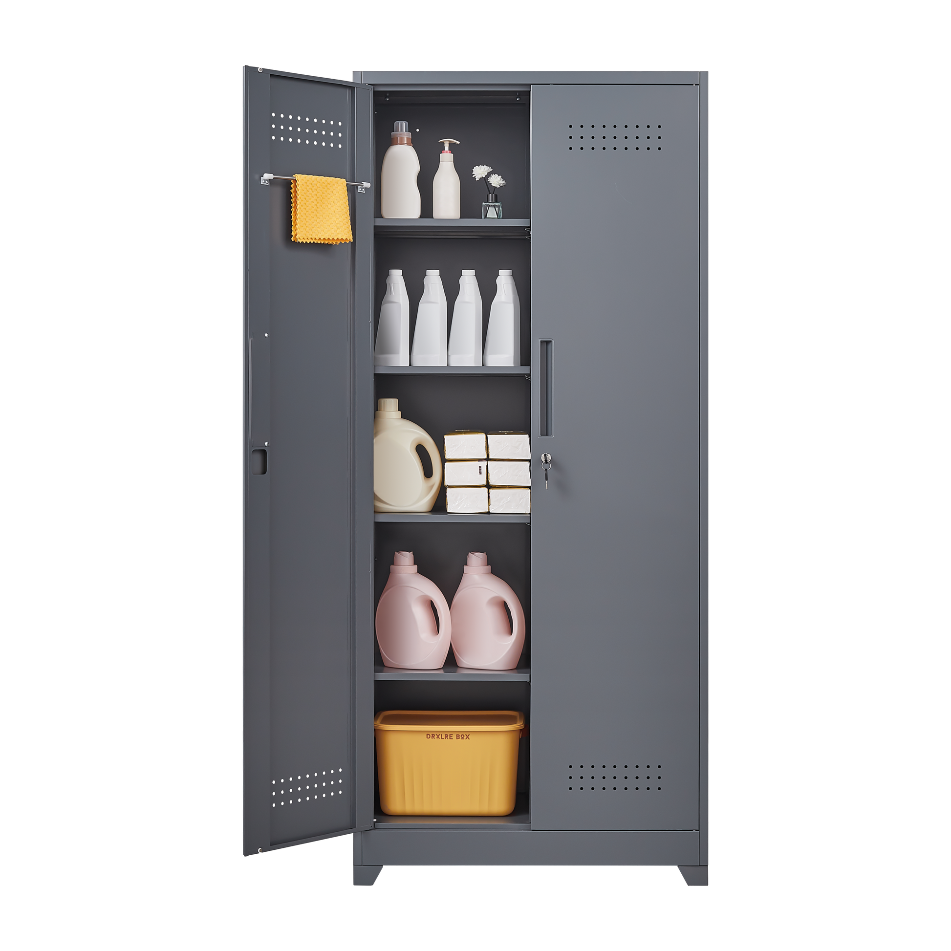 Metal Storage Cabinets, Cleaning Tool Cabinet With Locking Door, Tall Broom Tool Organizer And Storage, Large Storage Cabinet For Kitchen, Pantry, Office, Shop 3 4 Shelves Grey Door Locks Modern Metal