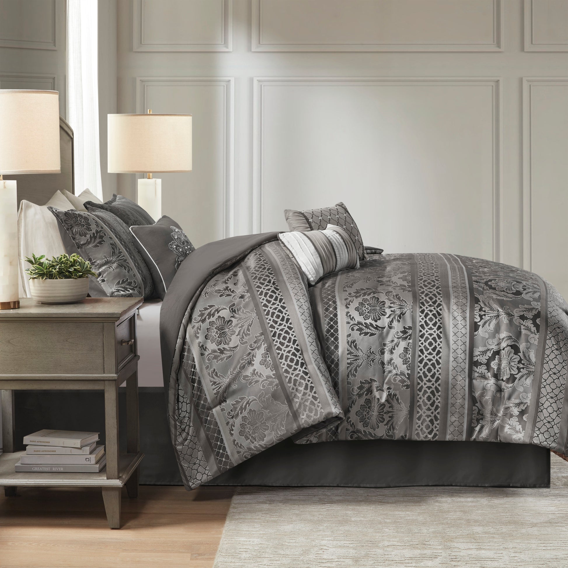 7 Piece Jacquard Comforter Set Grey Queen Queen Grey Polyester