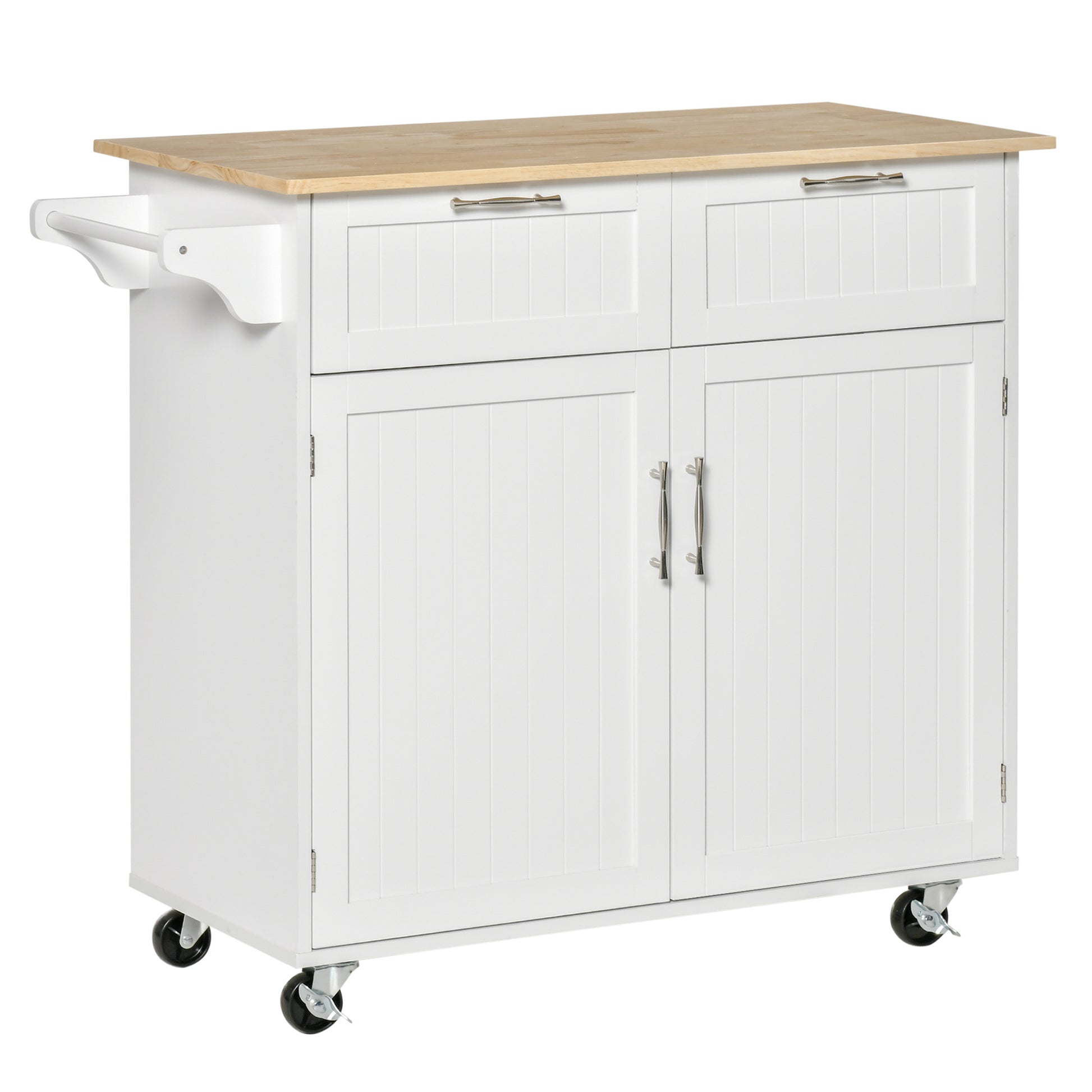 Homcom 41" Modern Rolling Kitchen Island On Wheels, Utility Cart Storage Trolley With Rubberwood Top & Drawers, White White Rubber Wood