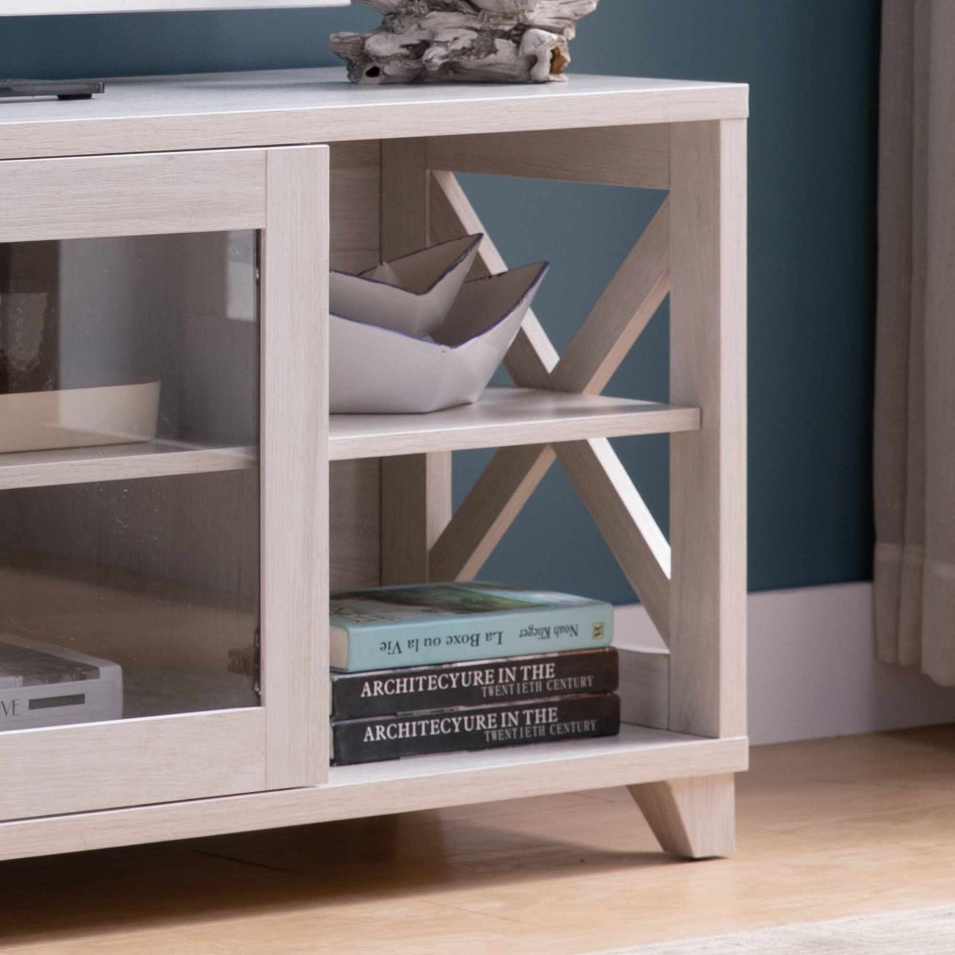 White Oak Tv Stand With Four Side Shelves And Center Transparent Cabinet Craftsman Style Entertainment Center White Oak 60 69 Inches Mdf