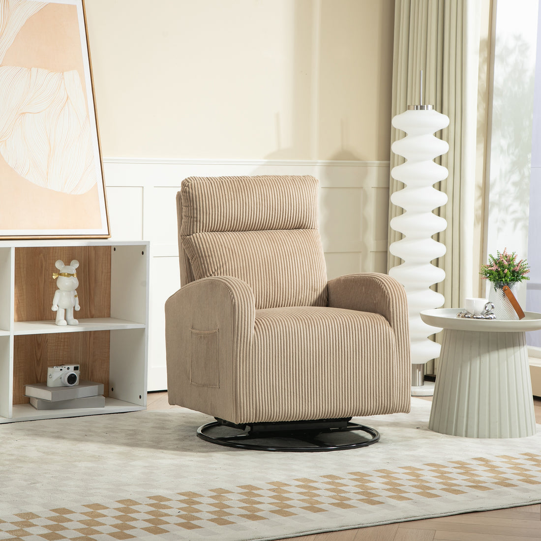 Jiada Upholstered Swivel Glider.Flannel Fabric.Rocking Chair For Nursery In Light Brown.Modern Style One Left Bag Light Brown Primary Living Space Foam Fabric Metal