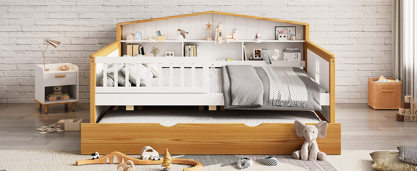 Full Size House Shape Daybed With Trundle And Bookcase Headboard Wooden Bed For Girls Boys Teens, No Box Spring Needed, Walnut And White Box Spring Not Required Full White Walnut Wood Bedroom Cute Pine Bed Frame Wood