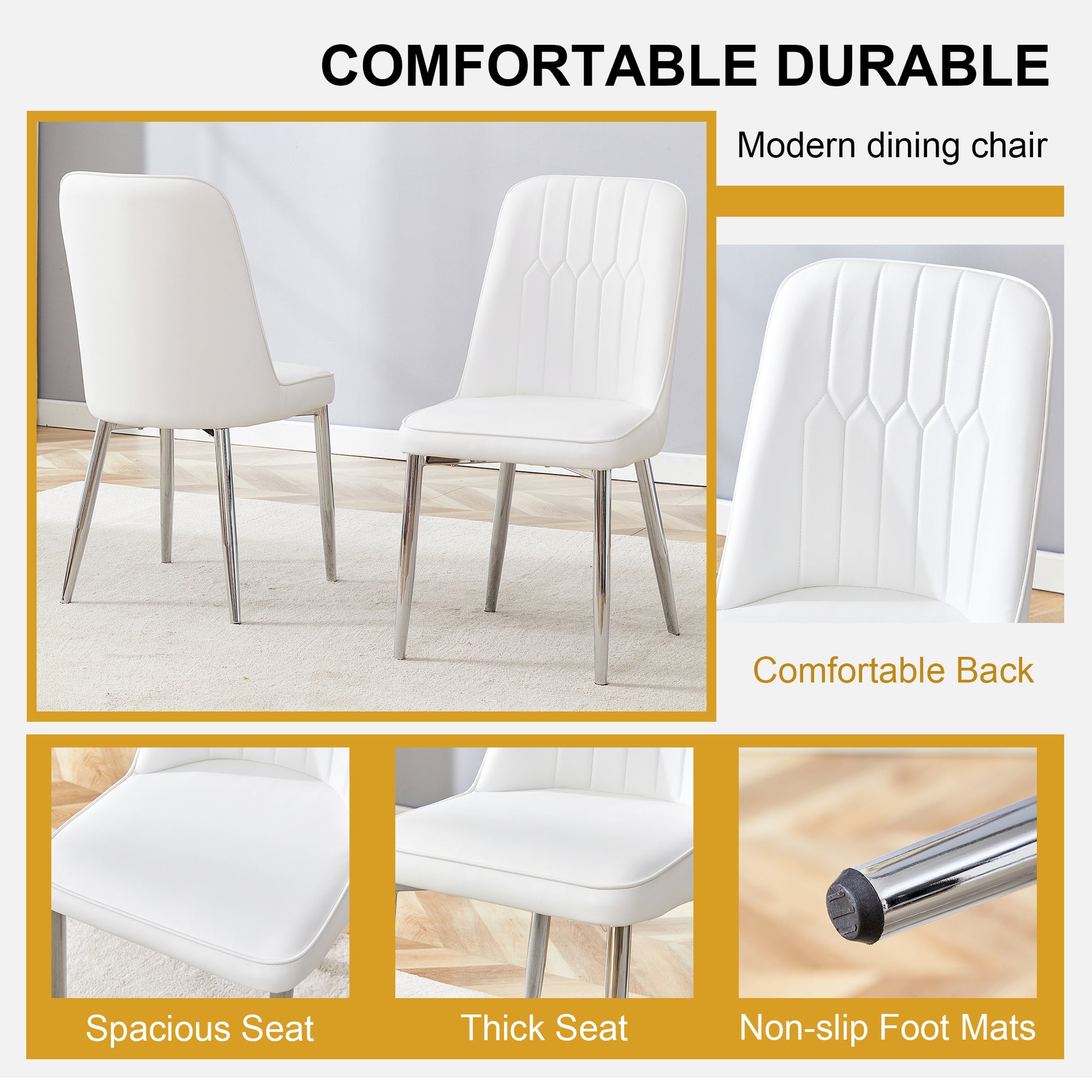 2 Modern Dining Chairs, Smooth Pu Leather Backrest And Silver Toned Metal Legs For A Comfortable Home Experience For Kitchens, Bedrooms And Offices. White Pu