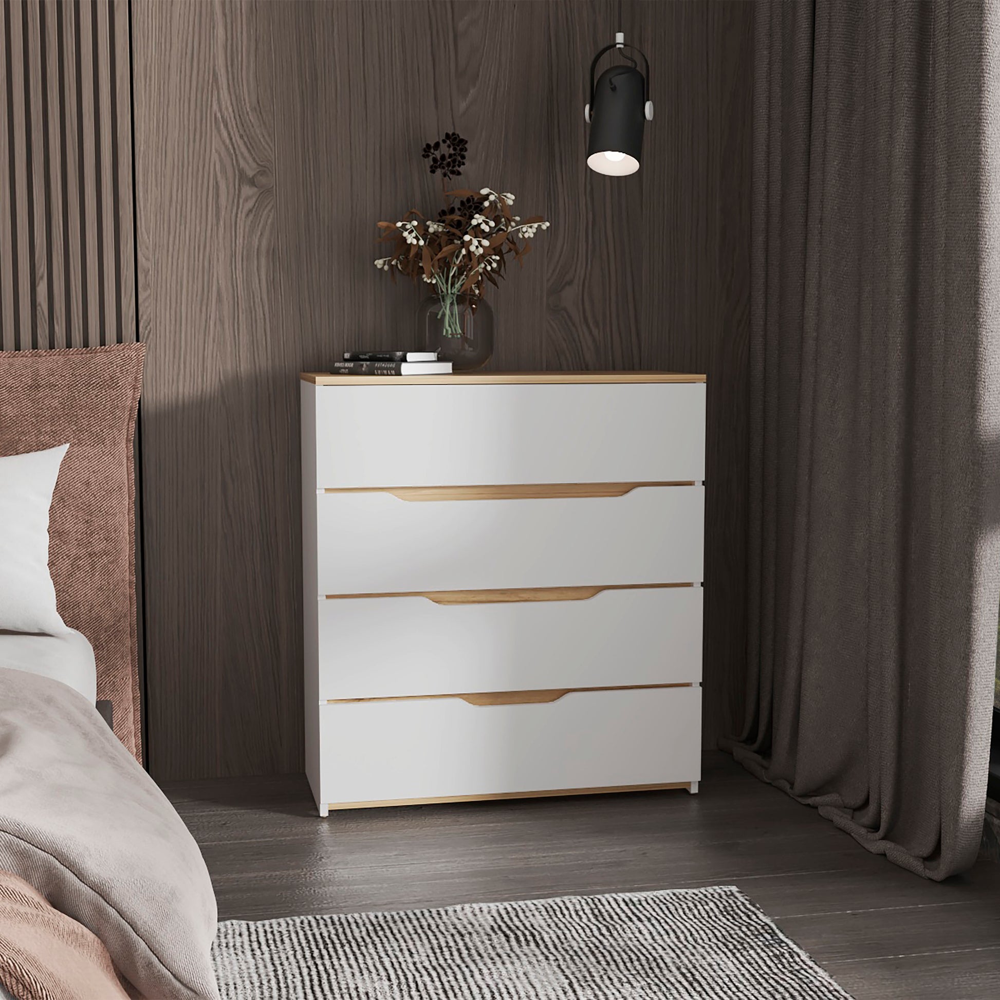 California Drawer Dresser, Four Spacious Drawers, Superior Top Multicolor Modern Melamine Engineered Wood