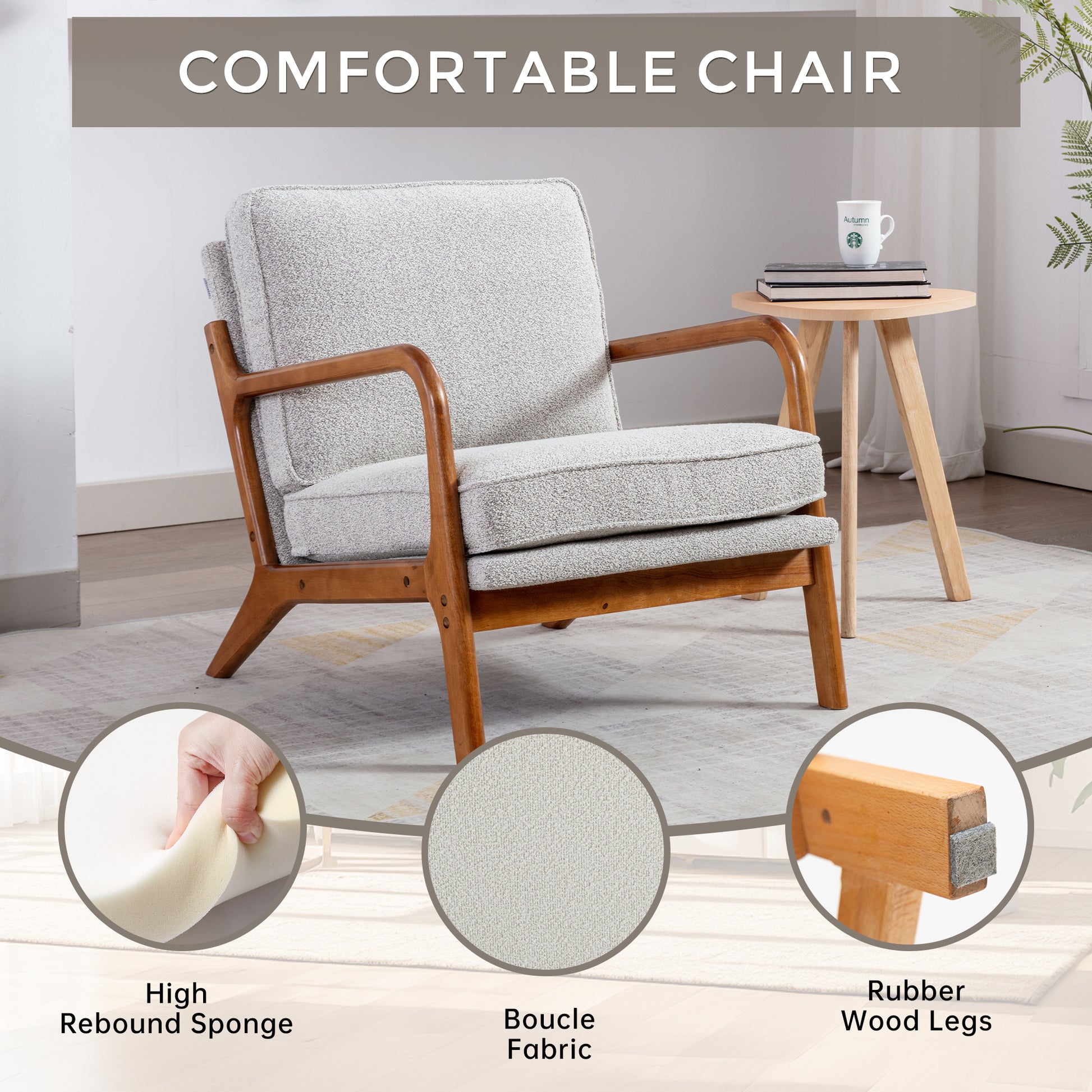 Coolmore Mid Century Modern Accent Chair, Comfy Fabric Living Room Chairs With Solid Wood Frame, Lounge Reading Armchair, Easy Assembly Oyster Grey Oyster Grey Primary Living Space Foam Boucle