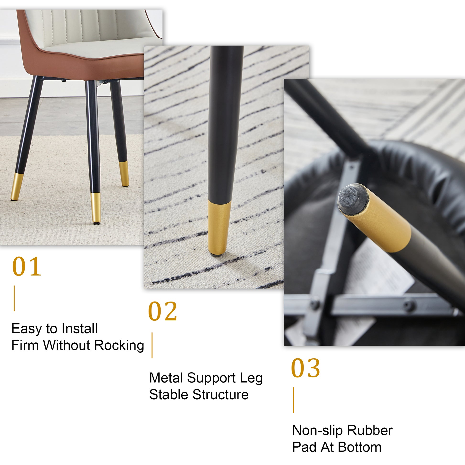 Table And Chair Set.Modern Rectangular Dining Table With Black Textured Stickers Glass Tabletop And Gold Plated Metal Legs.Paried With 6 Comfortable Chairs With Pu Seats And Black Metal Legs. Black Gold,Brown,Light Gray Seats 6 Glass Metal