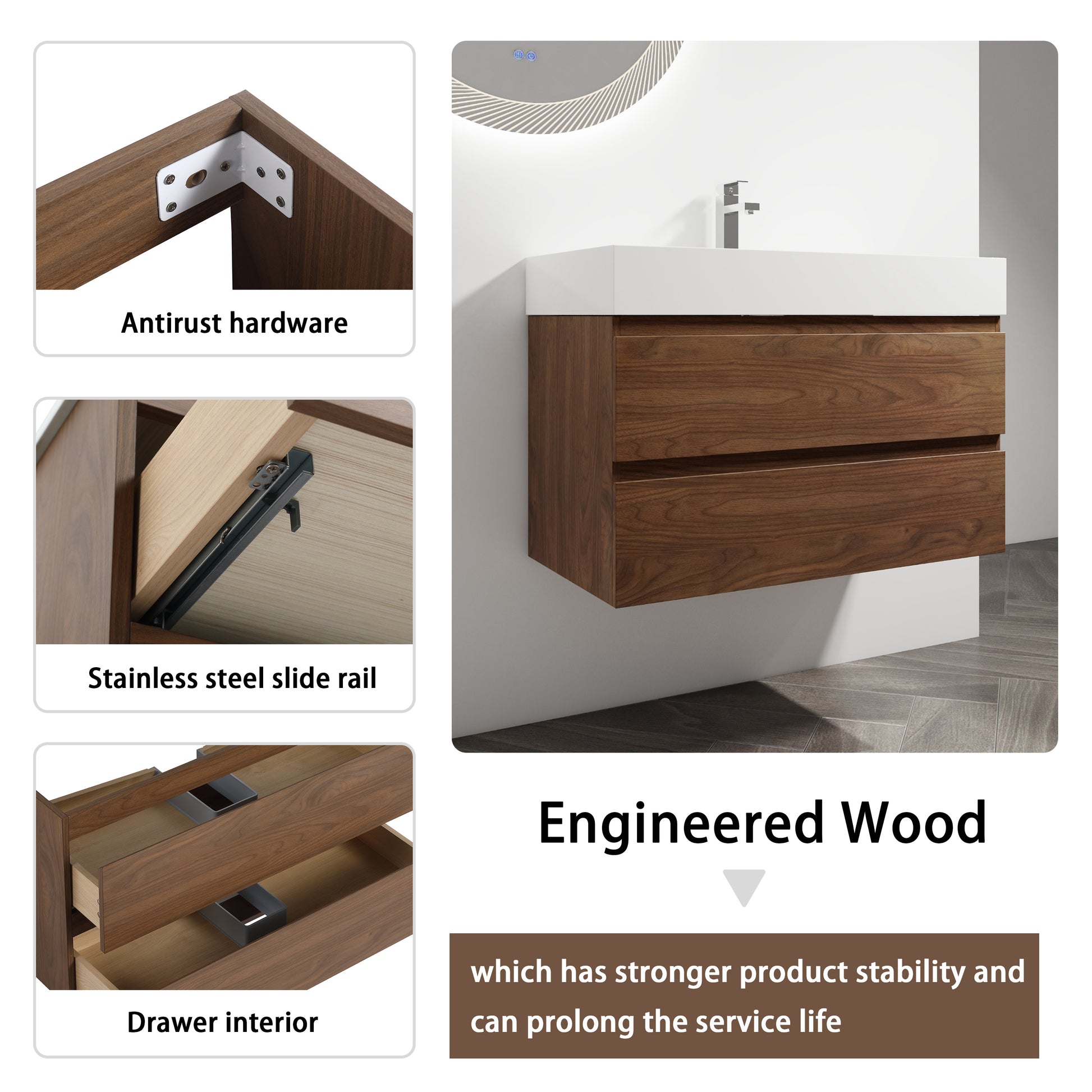 36" Wall Mounted Bathroom Vanity With Resin Sink, 2 Soft Close Drawers, Kd Package 2 Brown Oak Bathroom Wall Mounted Modern Plywood