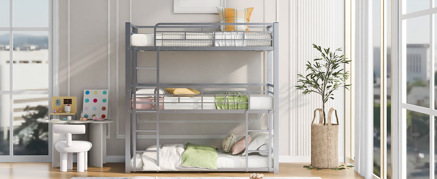 Metal Twin Size Triple Bunk Bed, Silver Old Sku: Sm000230Aan 1 Box Spring Not Required Twin Silver Metal Bedroom Metal