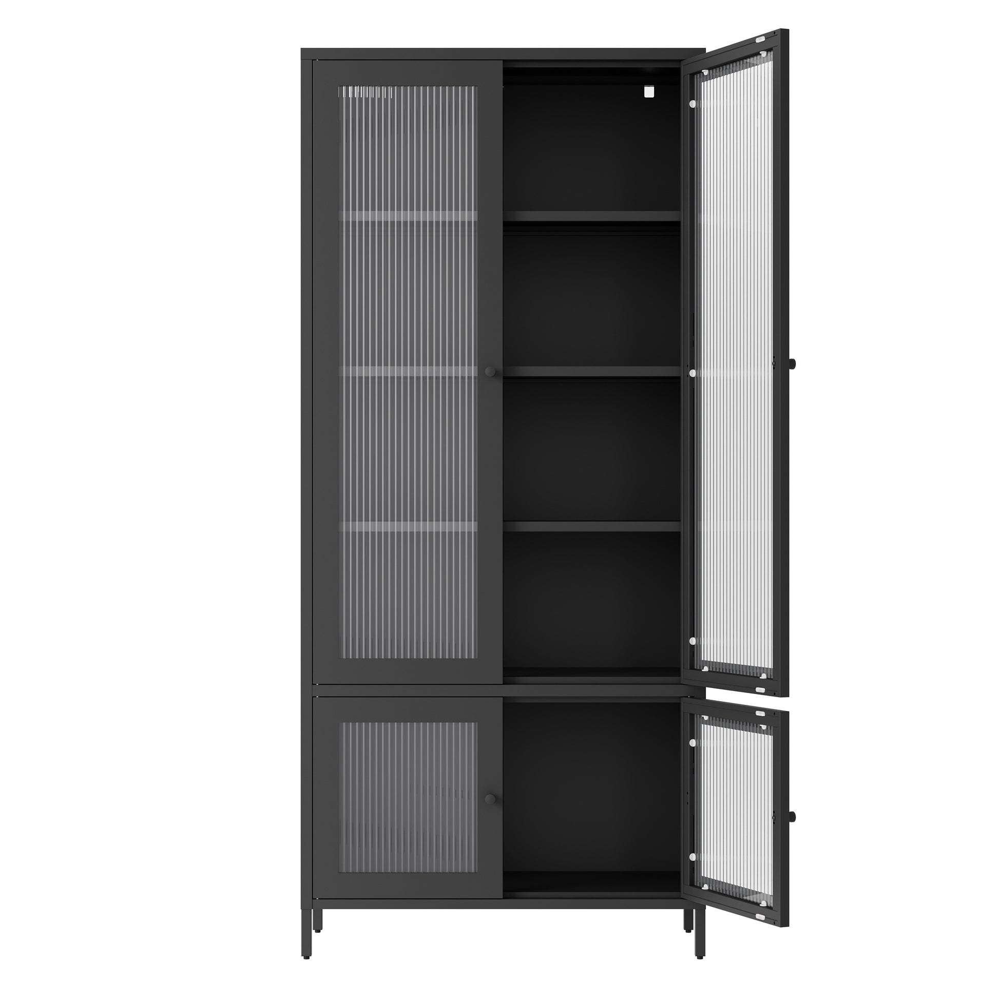 Large Metal Storage Cabinet Display Cabinet With 4 Glass Doors 5 Shelves Side Cabinet Bookcase Freestanding Cabinet For Bedroom Living Room Pantry Home Office Black, Fluted Tempered Glass Black Bedroom Classic Steel