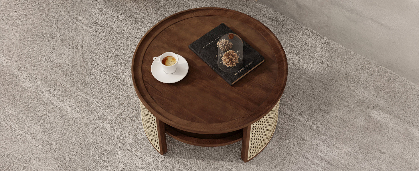 2 Tiered Round Walnut Wood Coffee Table With Storage Rattan Base In 31.3'' Walnut Rubber Wood