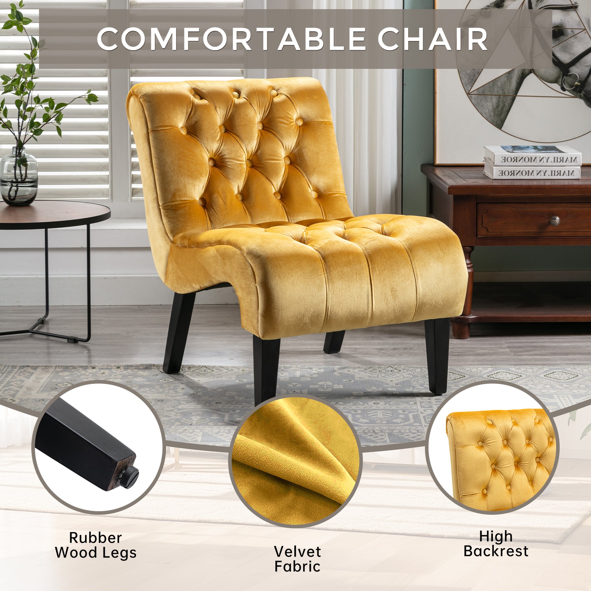 Coolmore Modern Velvet Armless Accent Living Room Chair Leisure Chair,Upholstered Fabric Button Comfortable Chair With Wooden Legs For Bedroom, Living Room, Office Mustard Velvet Mustard Primary Living Space Foam Velvet
