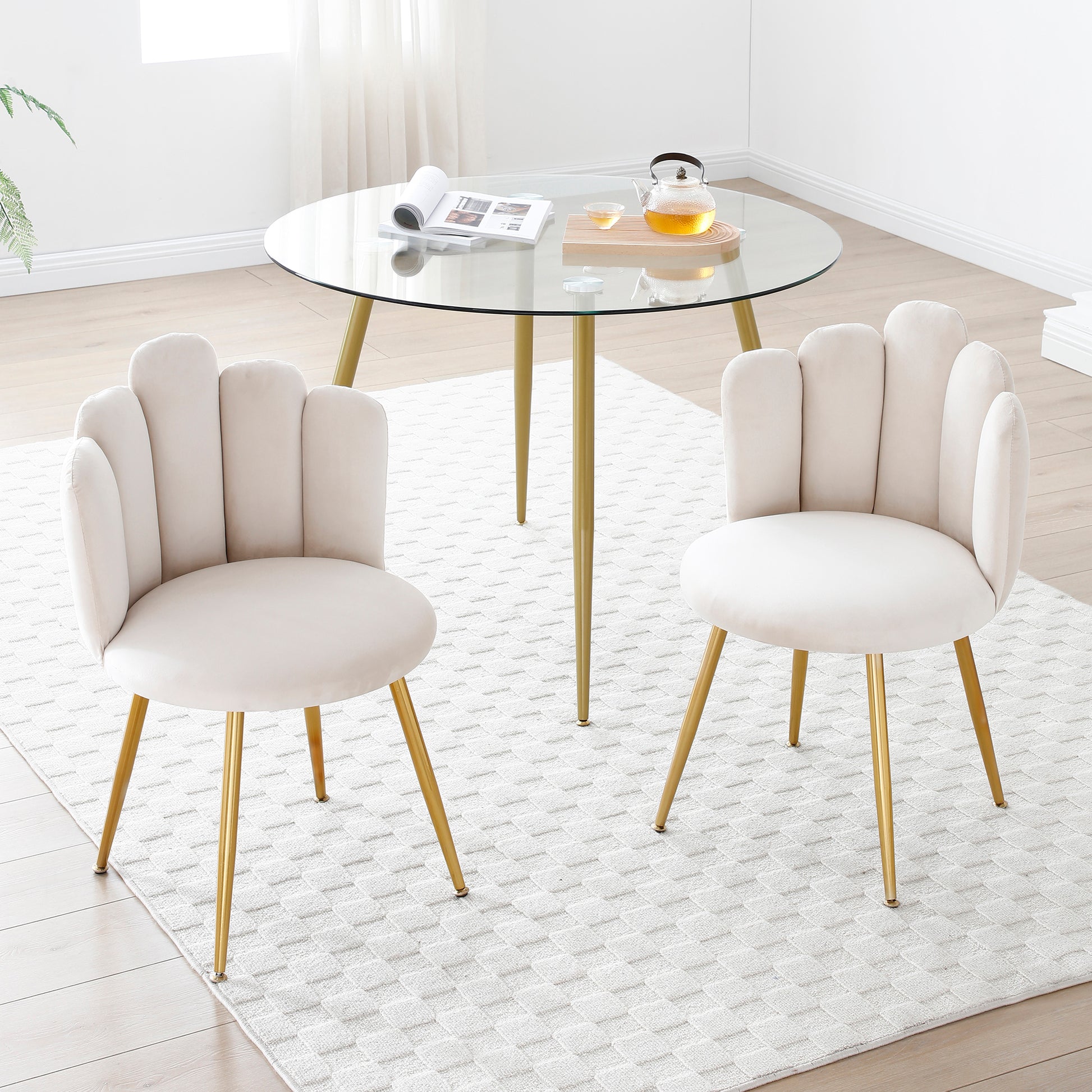 Modern Velvet Dining Chairs Set Of 2, Upholstered Woven Dining Chair With Golden Metal Legs, Upholstered Dining Chairs For Dining Room, Kitchen, Vanity, Living Room Beige Primary Living Space Foam Velvet