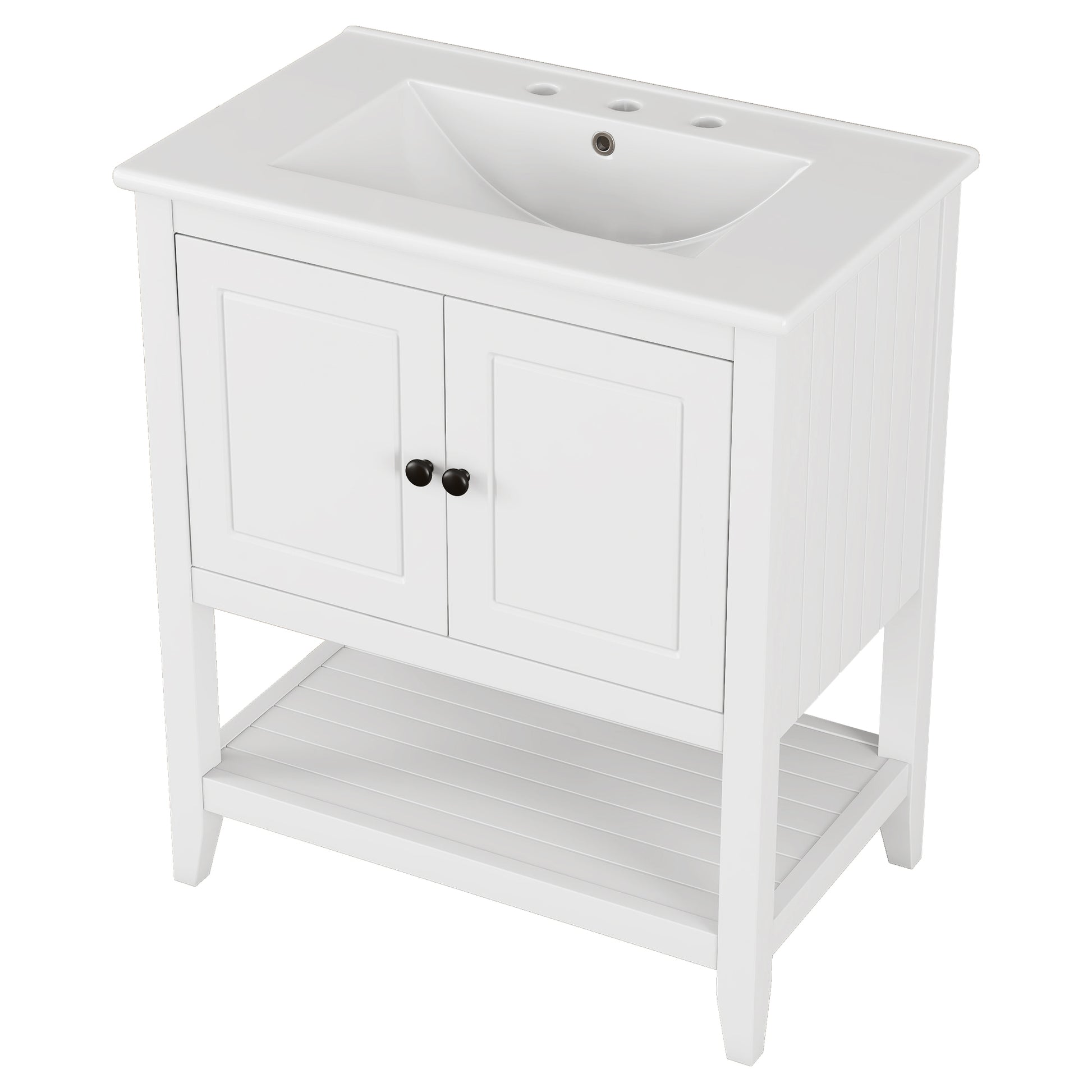 30" White Modern Sleek Bathroom Vanity Elegant Ceramic Sink With Solid Wood Frame Open Style Shelf & Door Shelf Design White Solid Wood