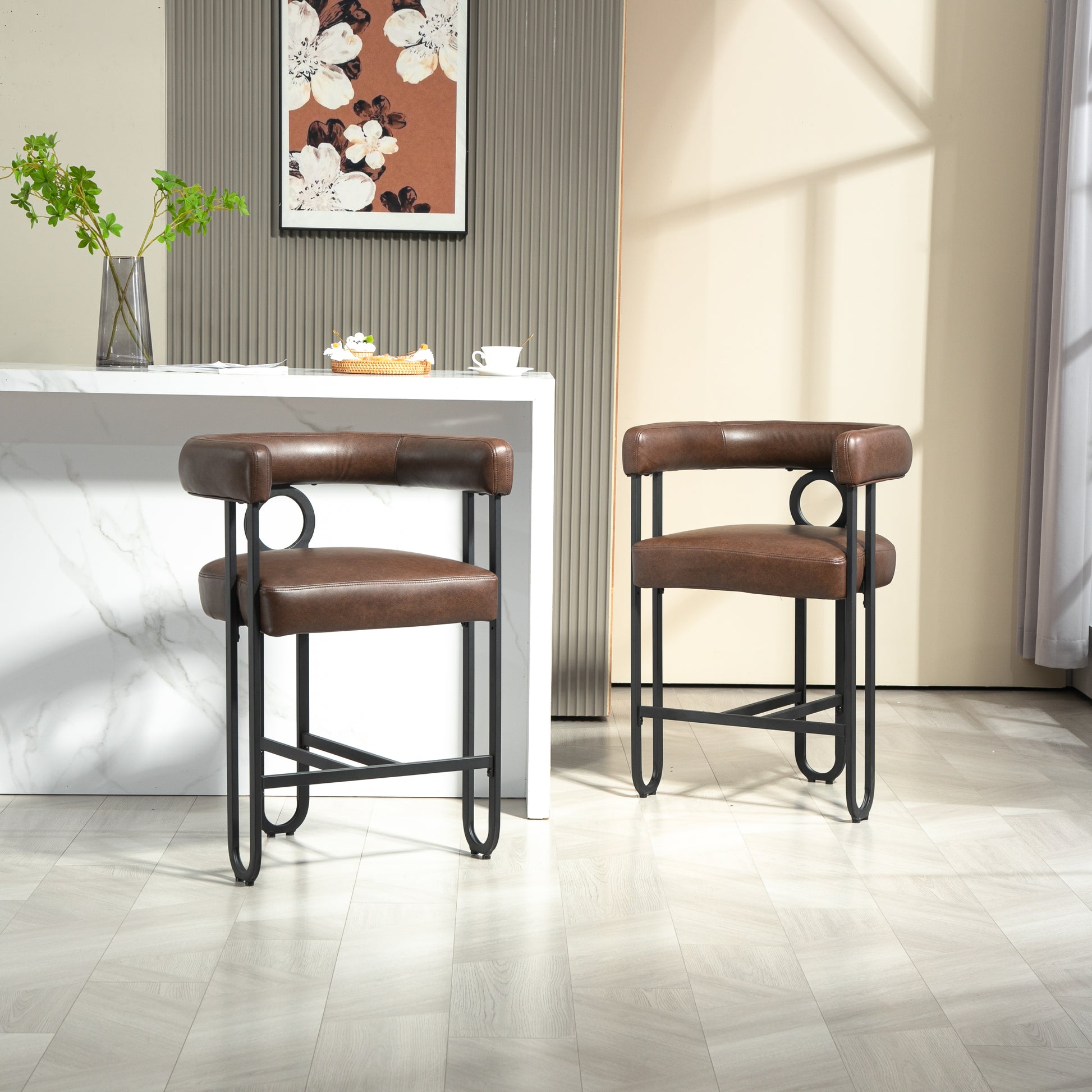 Coolmore Bar Stools Set Of 2, Modern Bar Stool With Back, Black Metal Frames, Upholstered Bar Stools For Kitchen Island, Pub, Club Dark Brown Pu Dark Brown Dining Room Foam Pu Leather