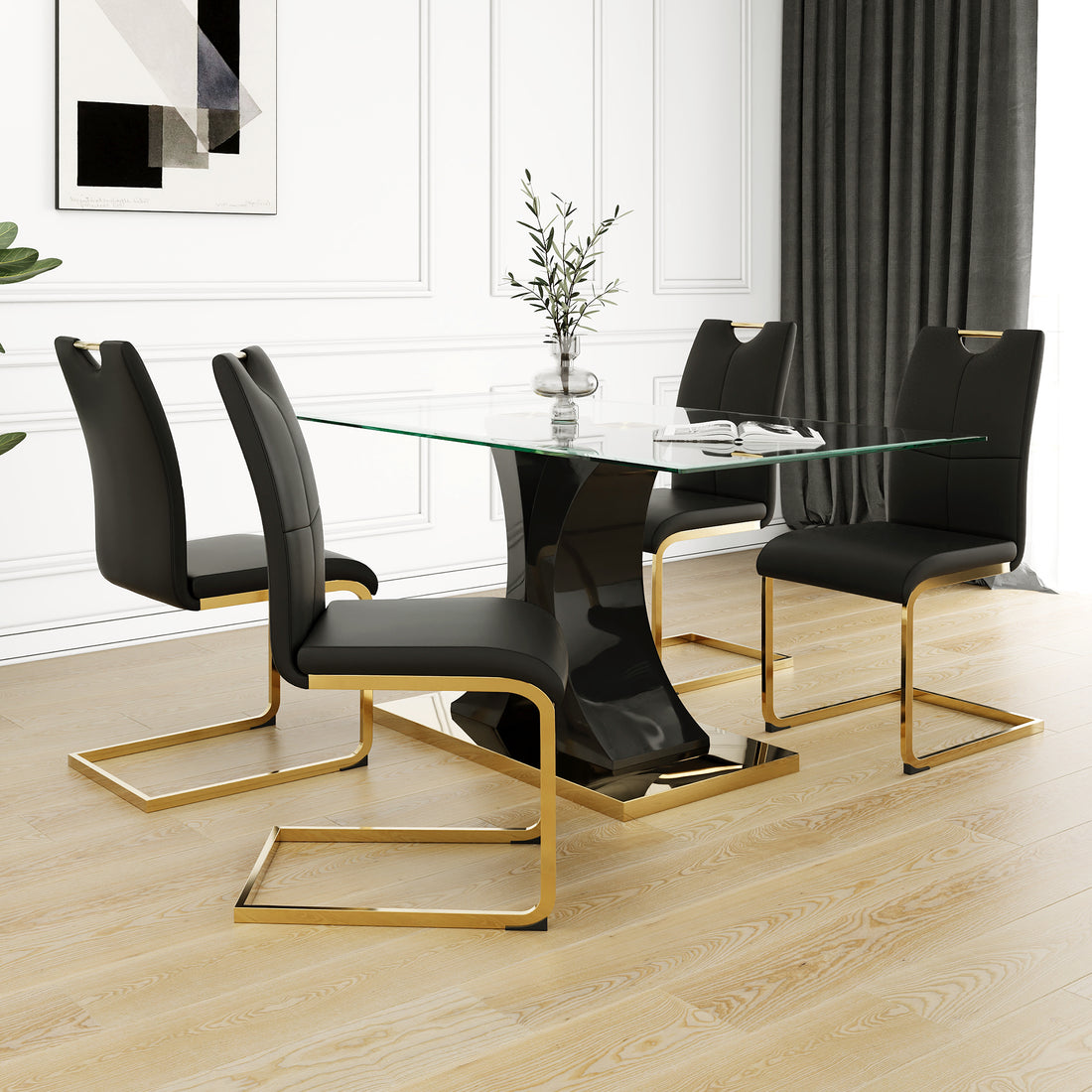 Modern Style Glass Dining Table, Elegant Transparent Design, Solid Support Base, Black Dining Chair Set, Gold Plated Chair Legs, Suitable For Restaurant Kitchen Use Set Of 5 Black Gold Seats 4 Mdf Glass