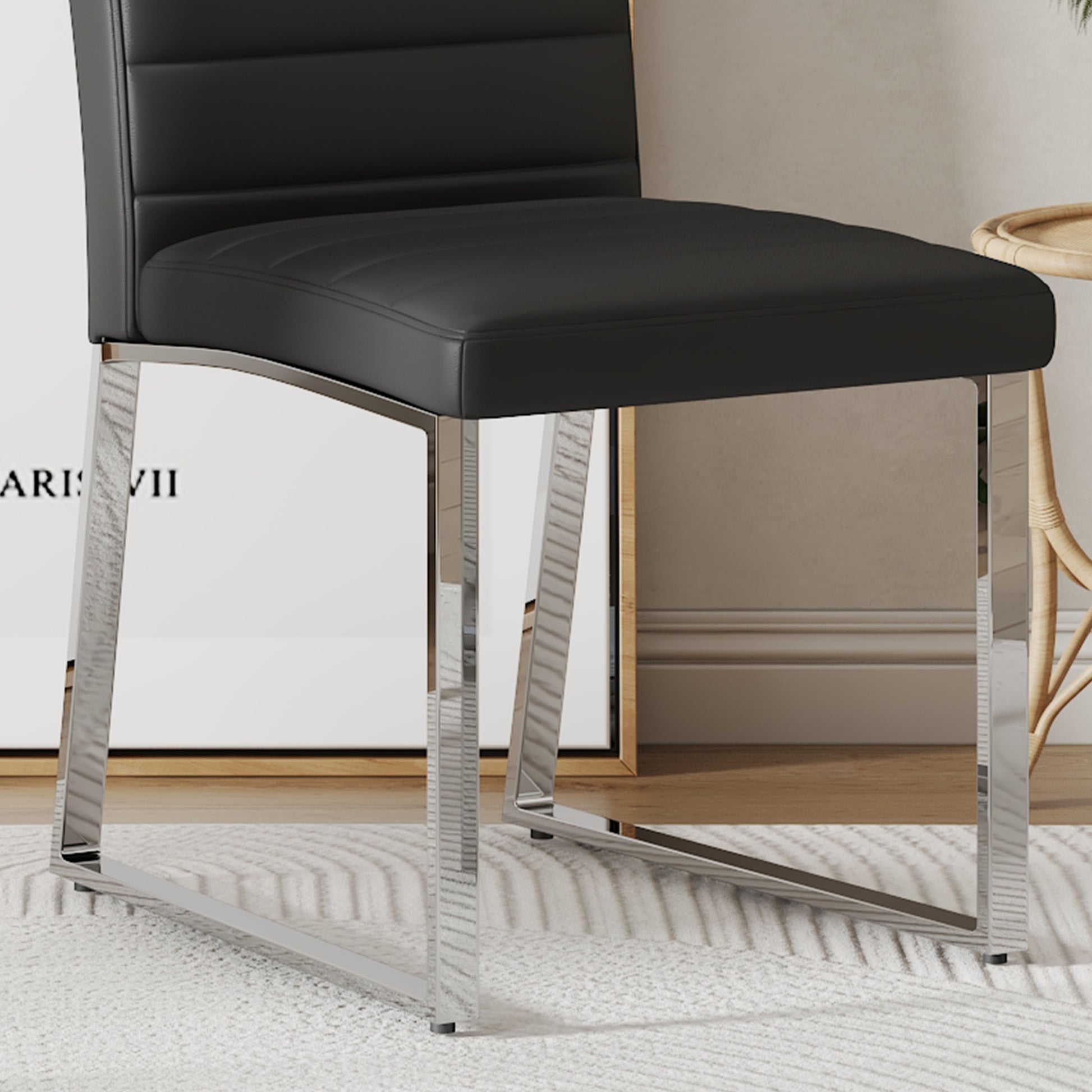 Table And Chair Set, Large Modern Rectangular Glass Table, Can Accommodate 6 8 People, Equipped With A 0.39 Inch Tempered Glass Tabletop And Mdf Table Legs.Paired With Comfortable And Soft Chairs. Black Mdf Glass