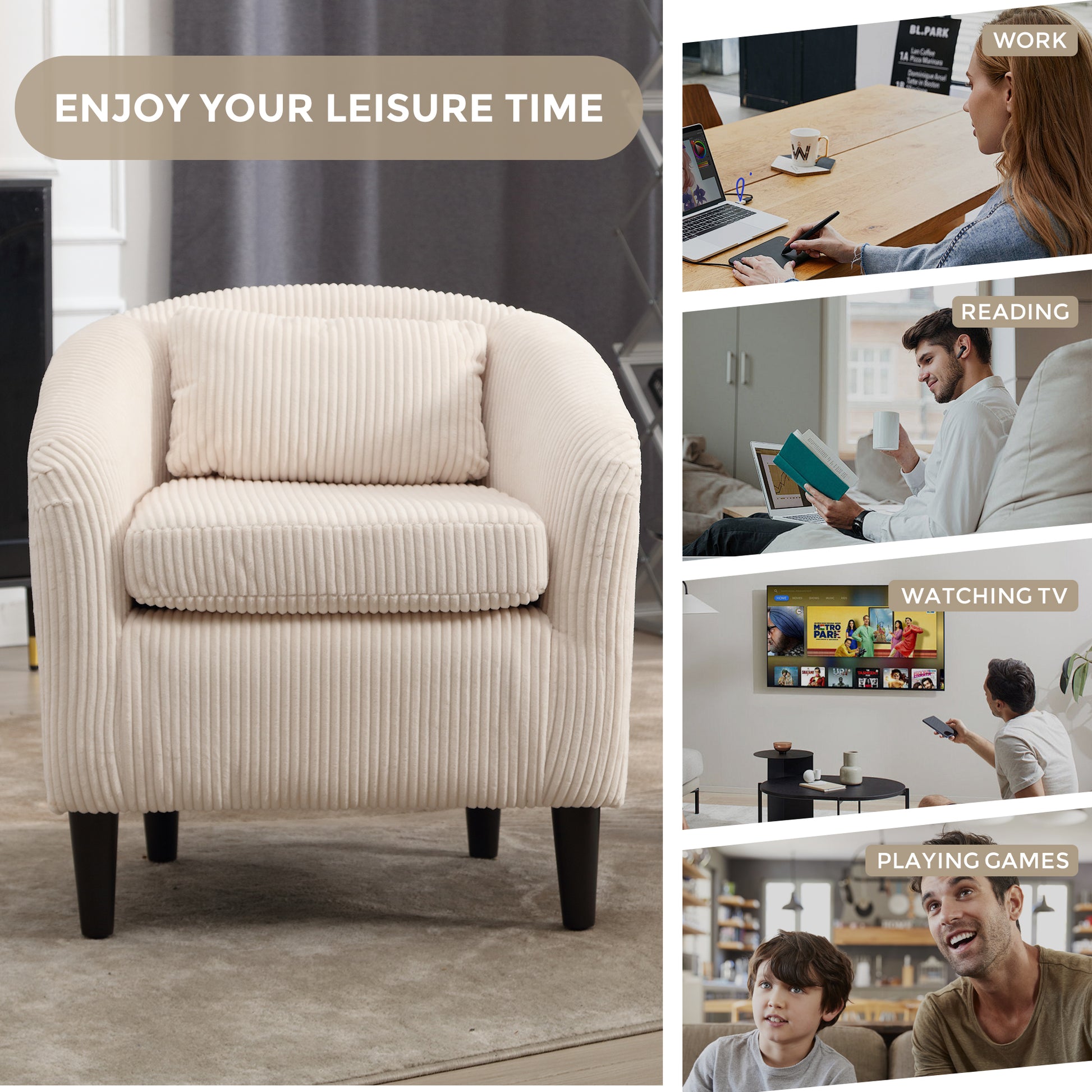 Coolmore Living Room Accent Barrel Chair, Century Modern Style Decorative Chair, Armchair For Living Room With Thick Cushions And Pillows, Comfy Single Sofa Chair, Chair With Wooden Legs,Beige Beige Corduroy