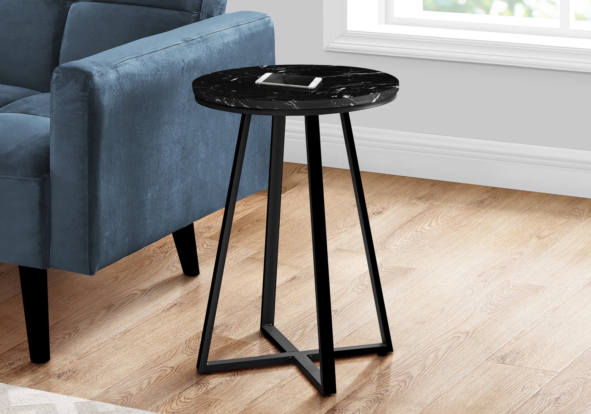 Accent Table, Side, Round, End, Nightstand, Lamp, Living Room, Bedroom, Black Marble Look Laminate, Black Metal, Contemporary, Modern Black Metal