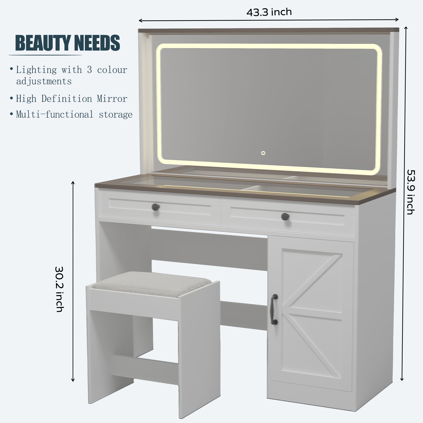 43.3"Makeup Vanity Table, Makeup Table With Large Mirror And Led Light Strip, Brightness Adjustable, Dressing Table Desk With 3 Drawers, Vanity Desk For Women White With Stool White Particle Board