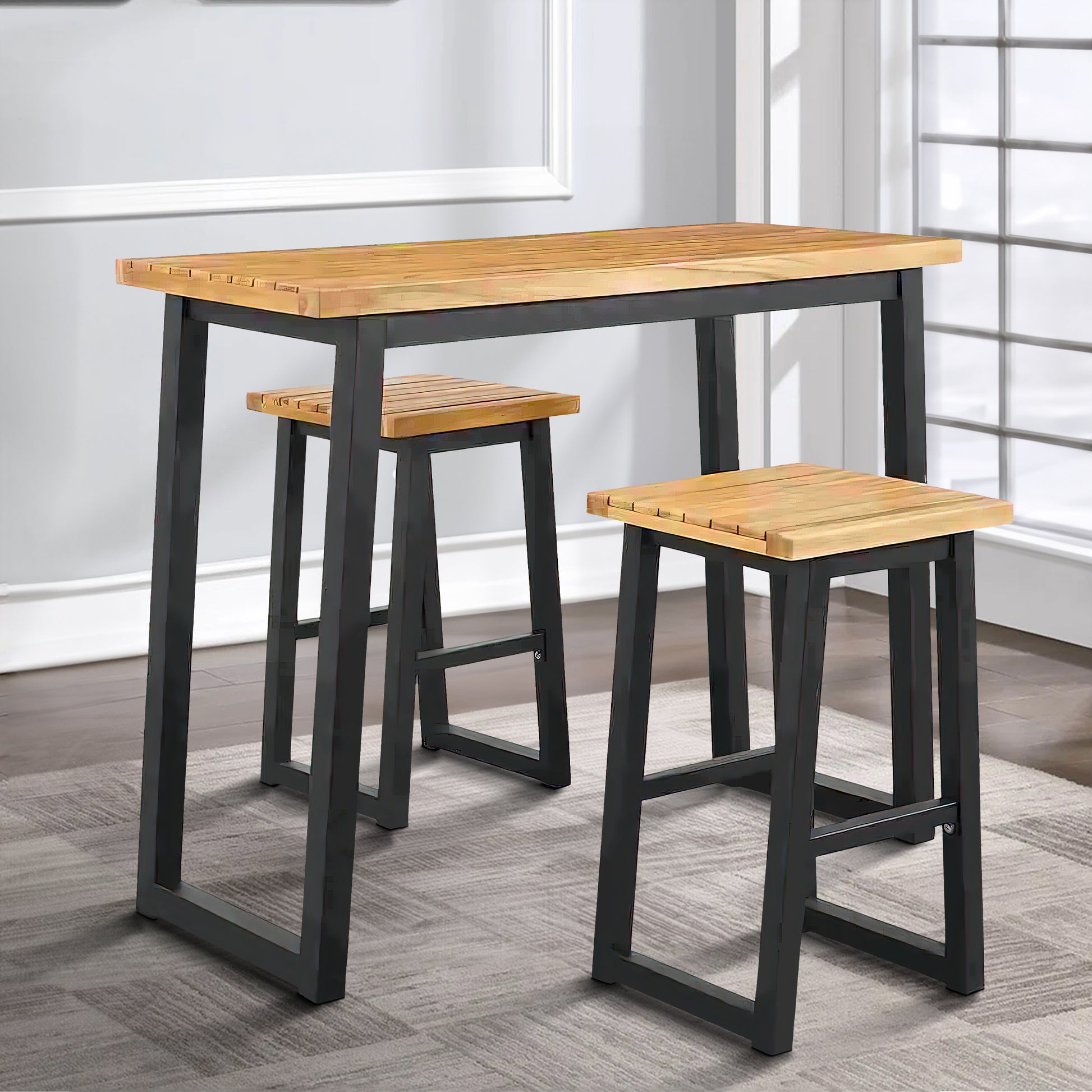 3 Piece Counter Height Table Set With Metal Sled Base, Black And Brown Brown Black Wood Metal