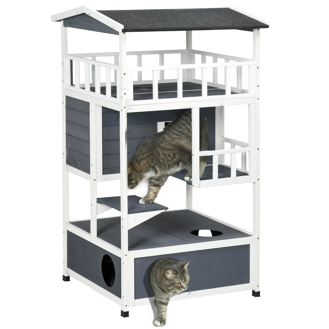 Pawhut Wooden Outdoor Cat House, Feral Cat Shelter Kitten Tree With Asphalt Roof, Escape Doors, Condo, Jumping Platform, Grey Grey Wood