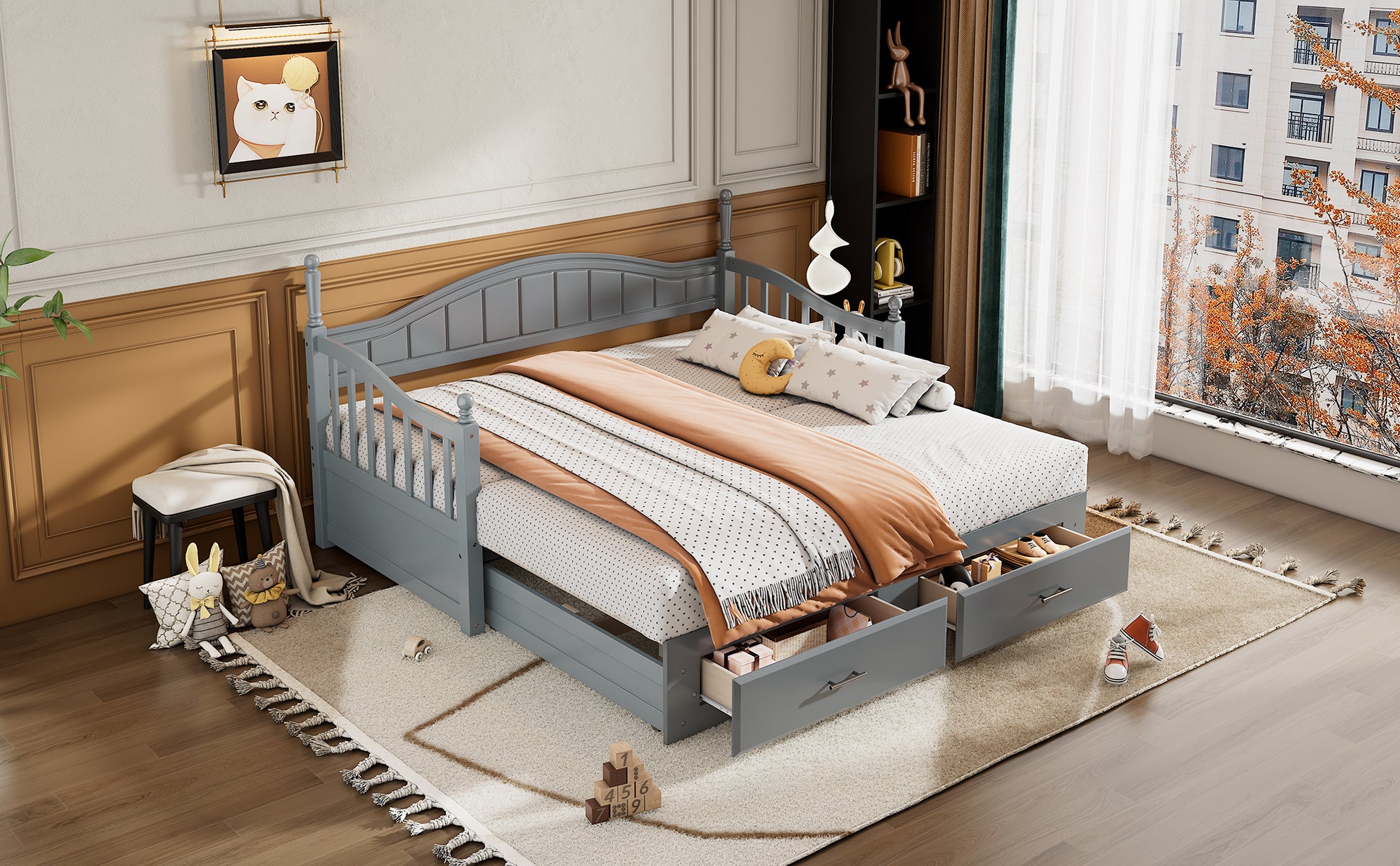 Wooden Twin Size Daybed With Twin Size Trundle, Extendable Daybed With Two Storage Drawers,Gray Expected Arrival Time:9.12 Twin Gray Wood