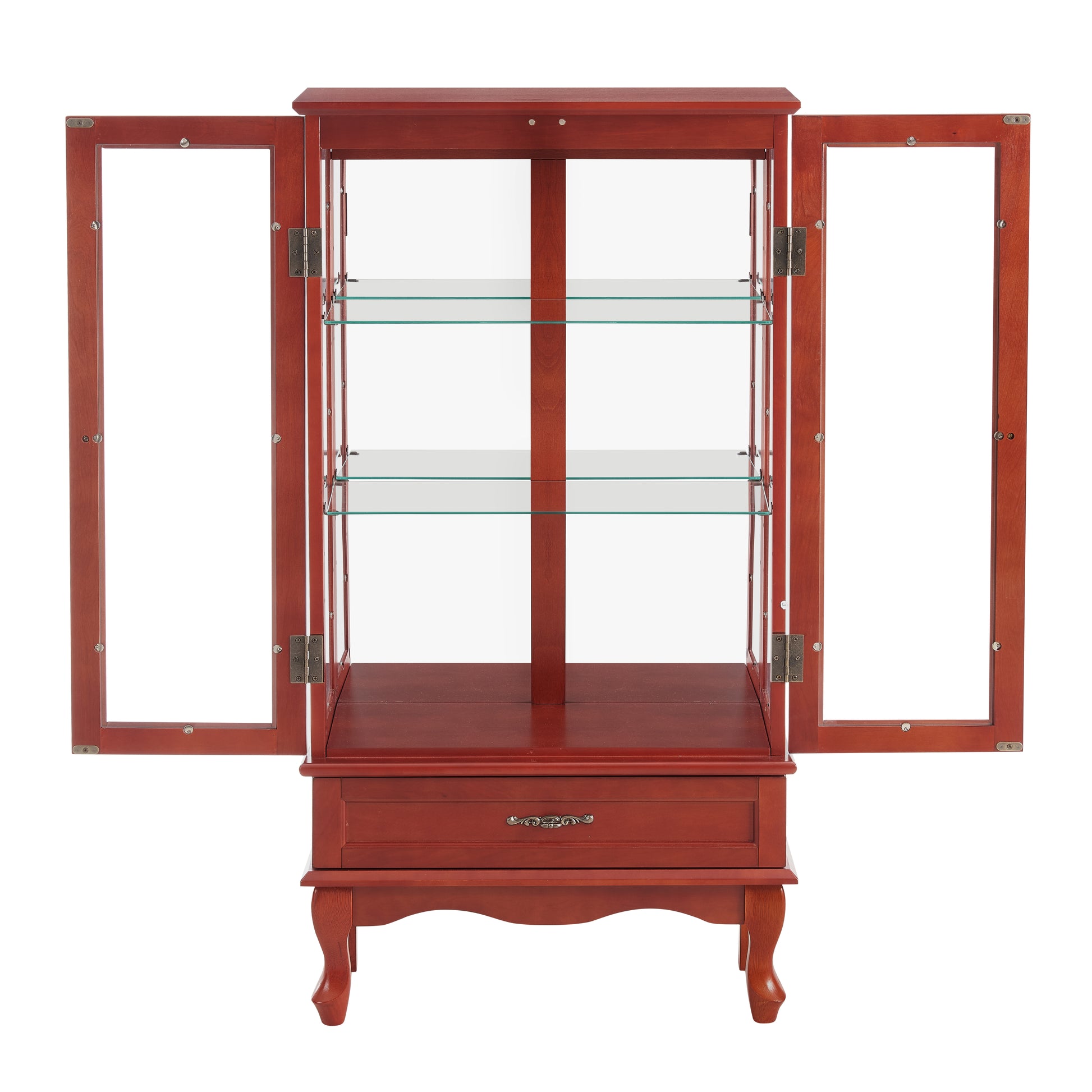 Lighted Glass Cabinet Glass Wine Cabinet Curio Display Cabinet With Adjustable Glass Shelves 2 Doors And 1 Drawer Cabinet Bulb Included Cherry Cherry Mdf Glass