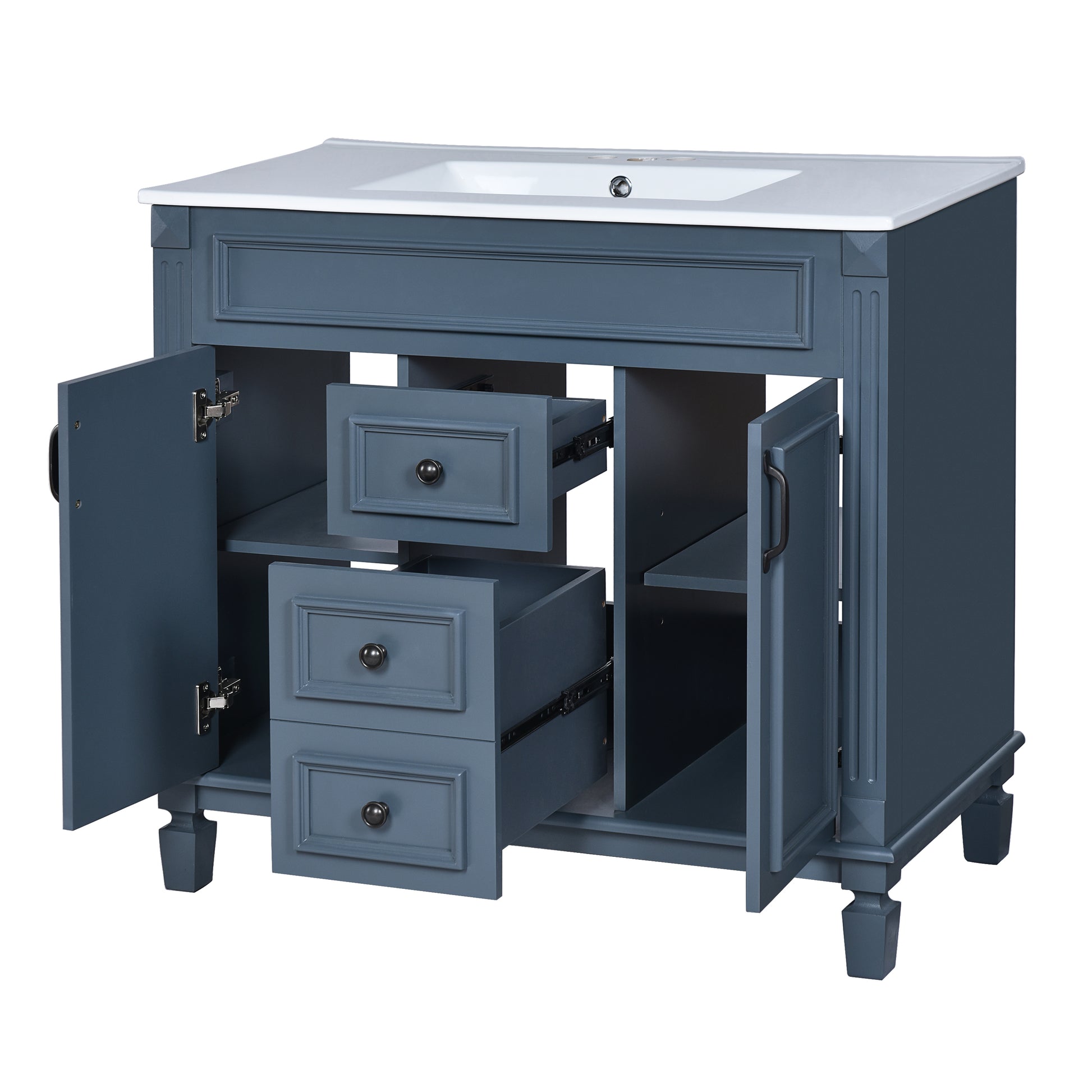 36'' Bathroom Vanity With Top Sink, Royal Blue Mirror Cabinet, Modern Bathroom Storage Cabinet With 2 Soft Closing Doors And 2 Drawers, Single Sink Bathroom Vanity Blue Bathroom Modern Solid Wood