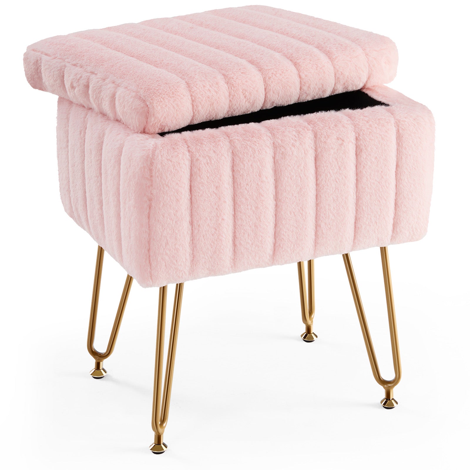 Vanity Stool Chair With Storage, Ottoman Faux Fur Soft Padded Makeup Footstools Seat With 4 Metal Legs Anti Slip Adjustable Feet Modern,Pink Pink Faux Fur