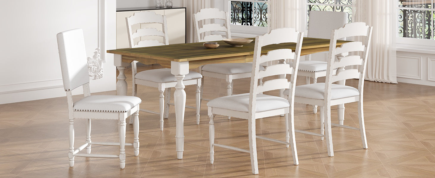 Vintage Traditional 7 Piece 82.7Inch Extendable Dining Table Set With 23.6Inch Removable Leaf, 4 Serrated Back Chairs And 2 Upholstered Back Dining Chairs For 6, Cream Brown Wood Dining Room Distressed Finish Rubberwood Rectangular Dining Table With