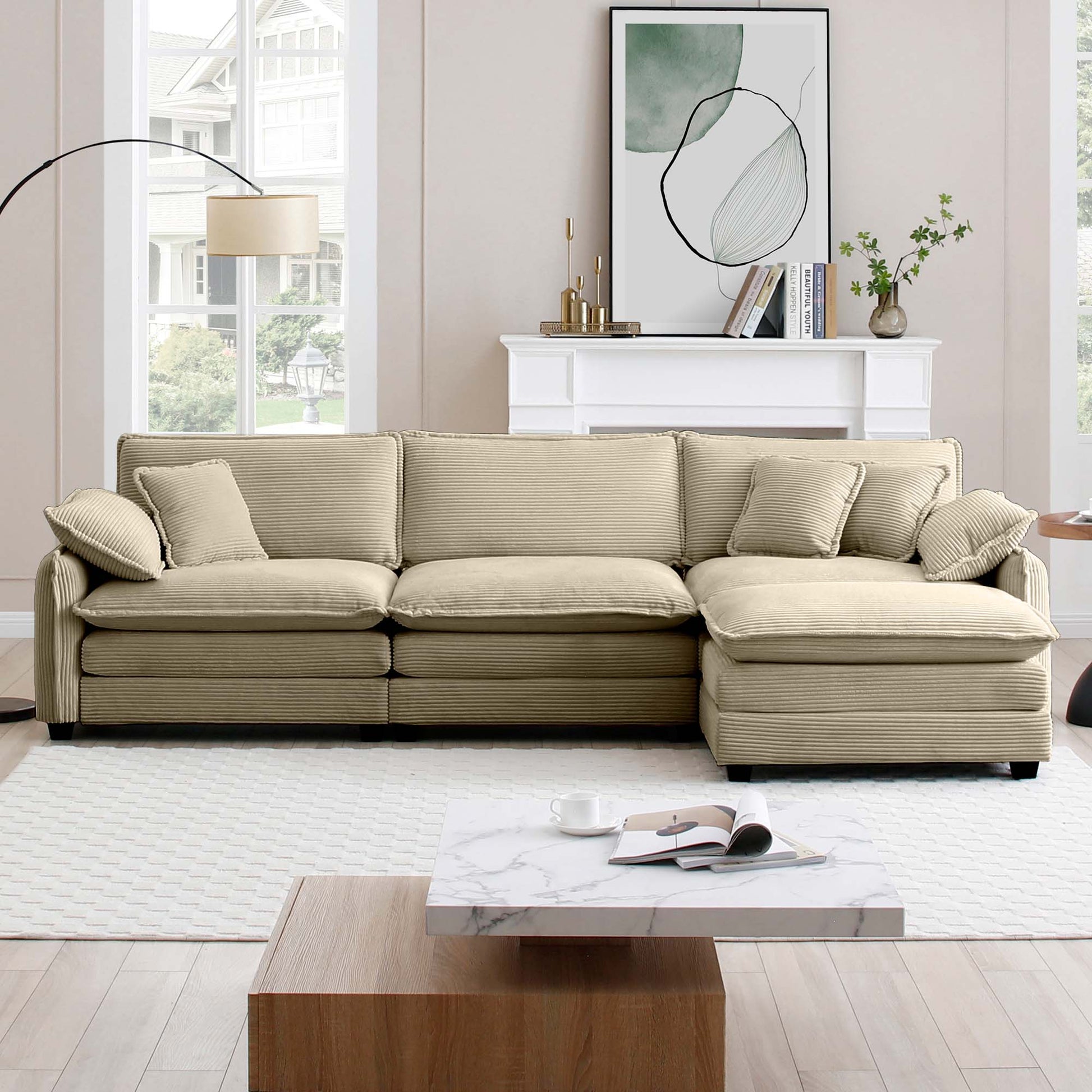 Oversize 3 Seater Sofa With One Footrest, L Shaped Sectional Sofa With Ottoman For Living Rooms,Tan Corduroy Sofa Tan Corduroy 3 Seat