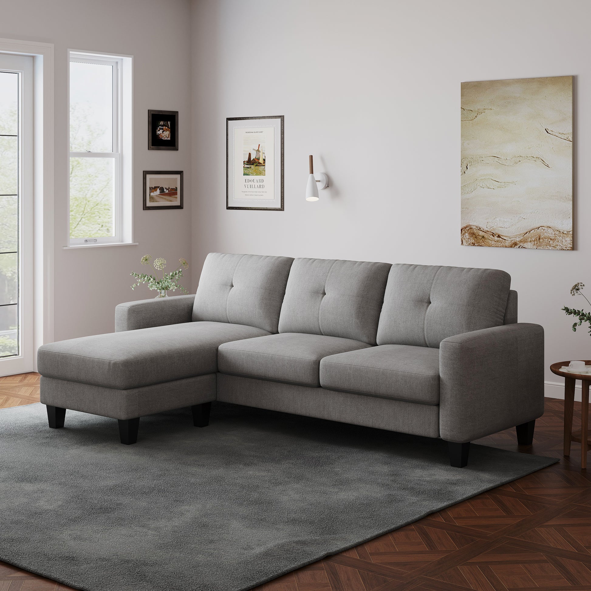 Living Room Furniture With Polyestr Fabric L Shape Couch Corner Sofa For Small Space Grey Grey Foam Polyester 3 Seat