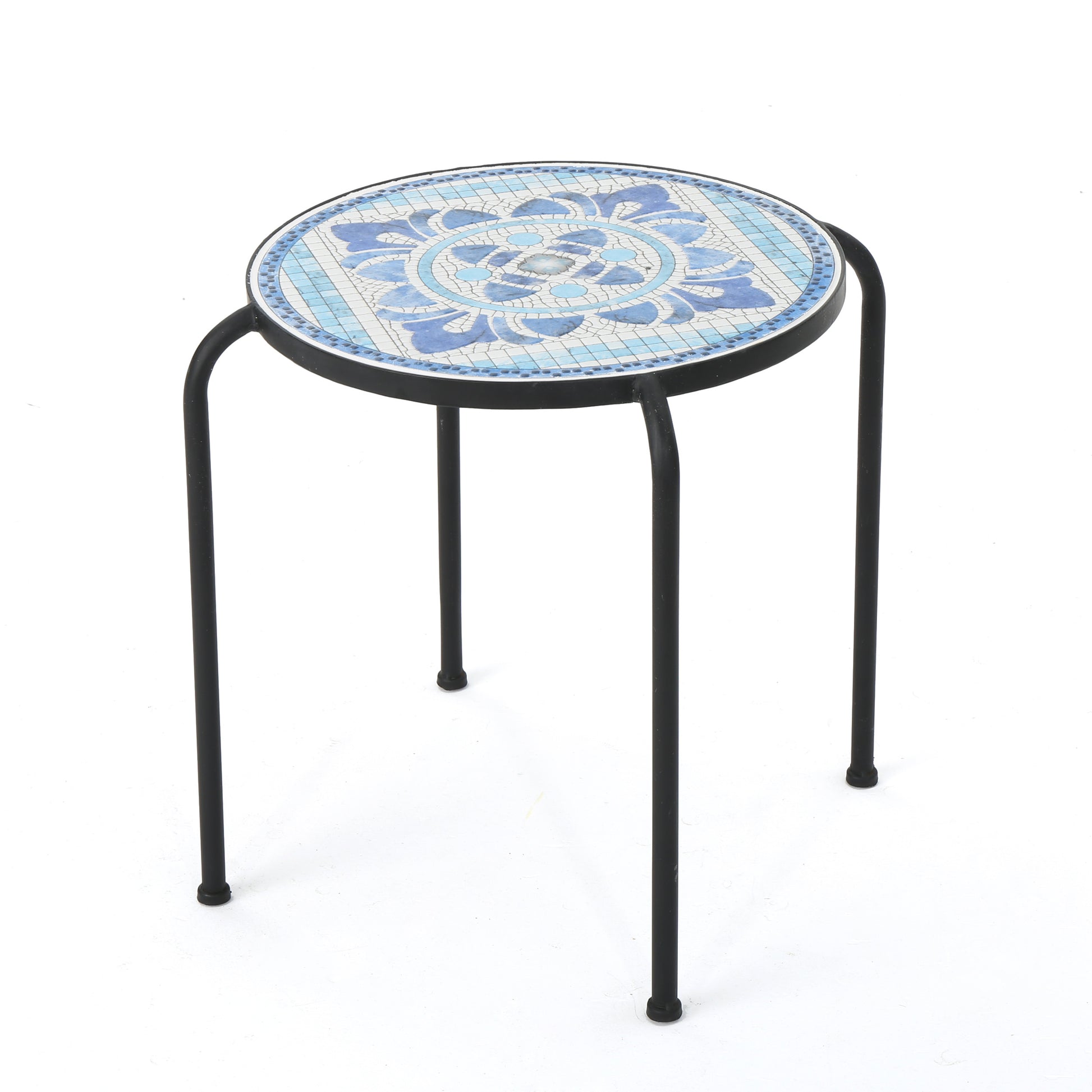 Skye End Table - White Blue Ceramic Tile Iron