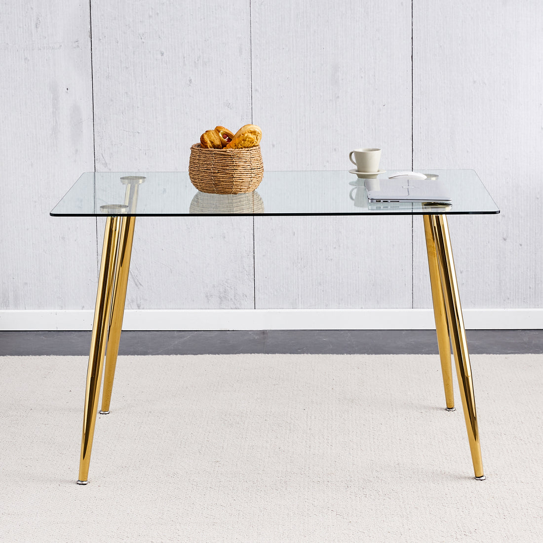 Modern Minimalist Rectangular Glass Dining Table For 4 6 With 0.31" Tempered Glass Tabletop And Golden Plating Metal Legs, Writing Table Desk, For Kitchen Dining Living Room, 51" *31"*30".F 1544 Golden Glass