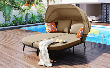 74.8" L Patio Daybed With Retractable Canopy, Outdoor Rattan Pe Wicker Back Loveseat Sofa Set With Throw Pillows And Cushions For Backyard, Poolside, Garden, Brown Yes Lounge Brown Weather Resistant Frame Water Resistant Cushion Garden & Outdoor Complete