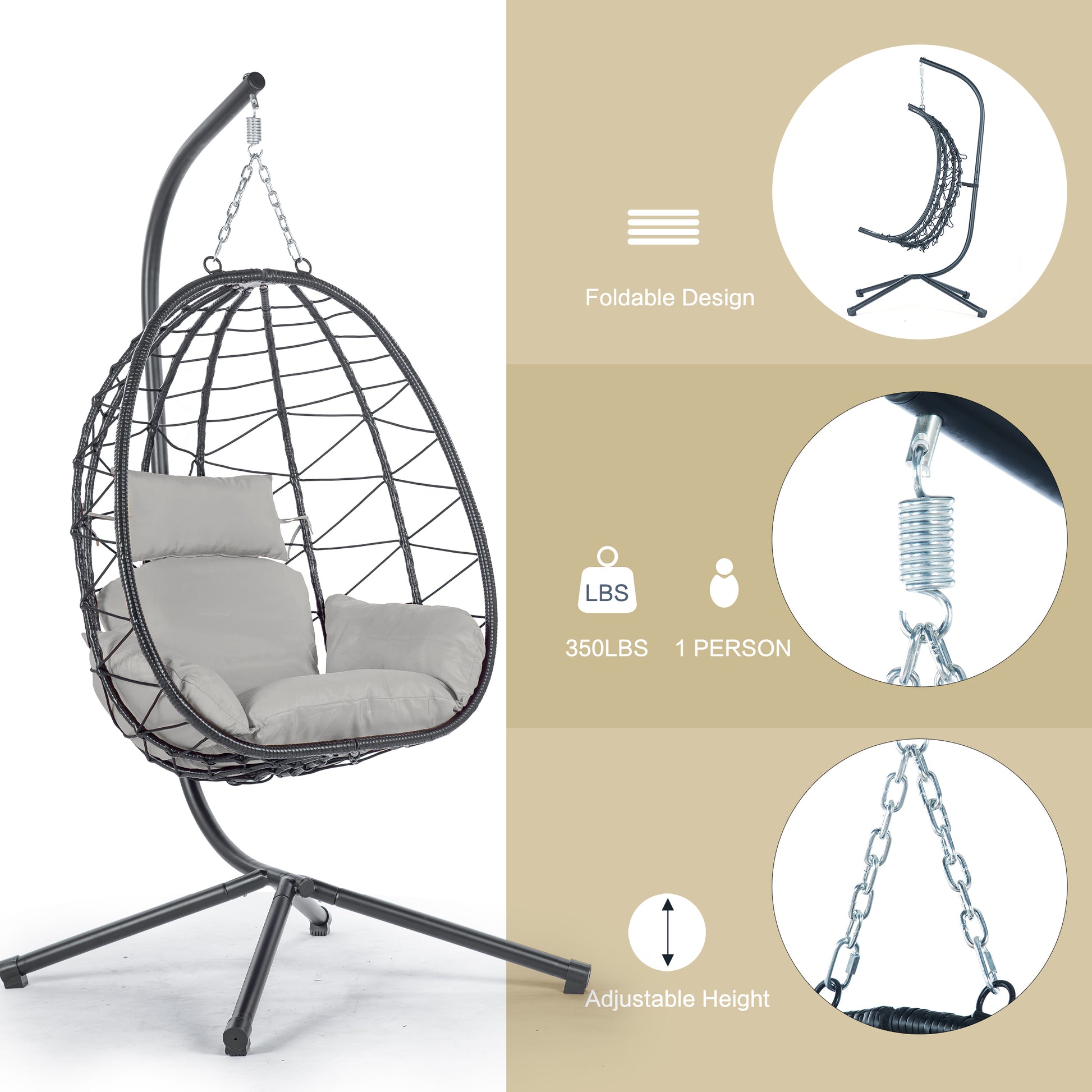Egg Chair With Stand Indoor Outdoor Swing Chair Patio Wicker Hanging Egg Chair Hanging Basket Chair Hammock Chair With Stand For Bedroom Living Room Balcony Yes Sectional Light Gray Water Resistant