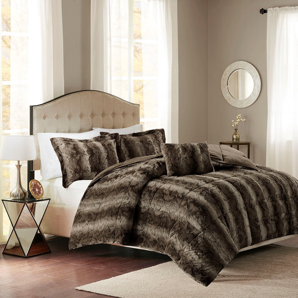 4Pc Faux Fur Comforter Set Queen Dark Brown Polyester