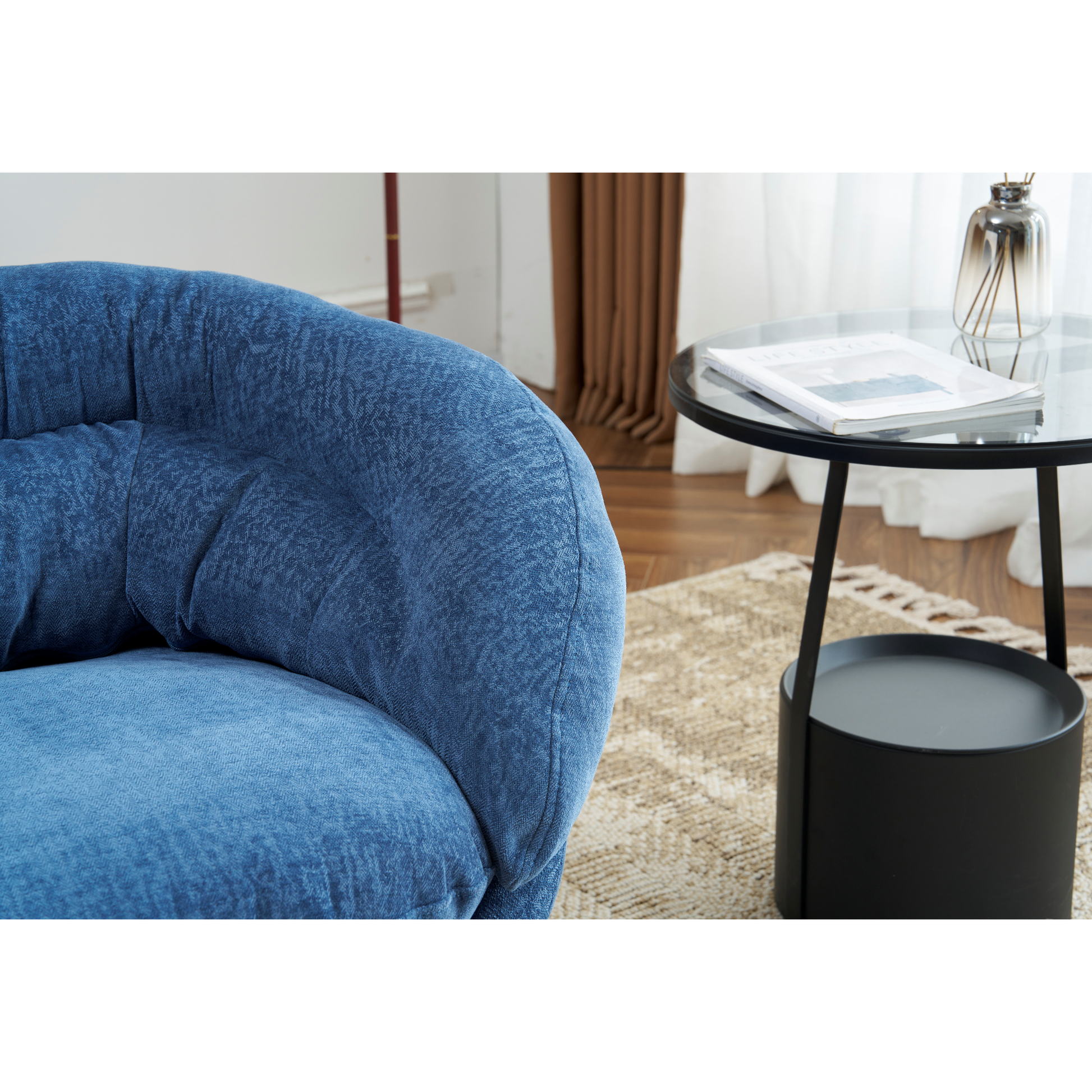 Chenille Upholstered 360 Swivel Club Chair Accent Chair With Removable Cushion, Round Office Chair With Black Metal Base, Cotton Material, Living Room, Bedroom, Reading Corner, Office Navy Blue