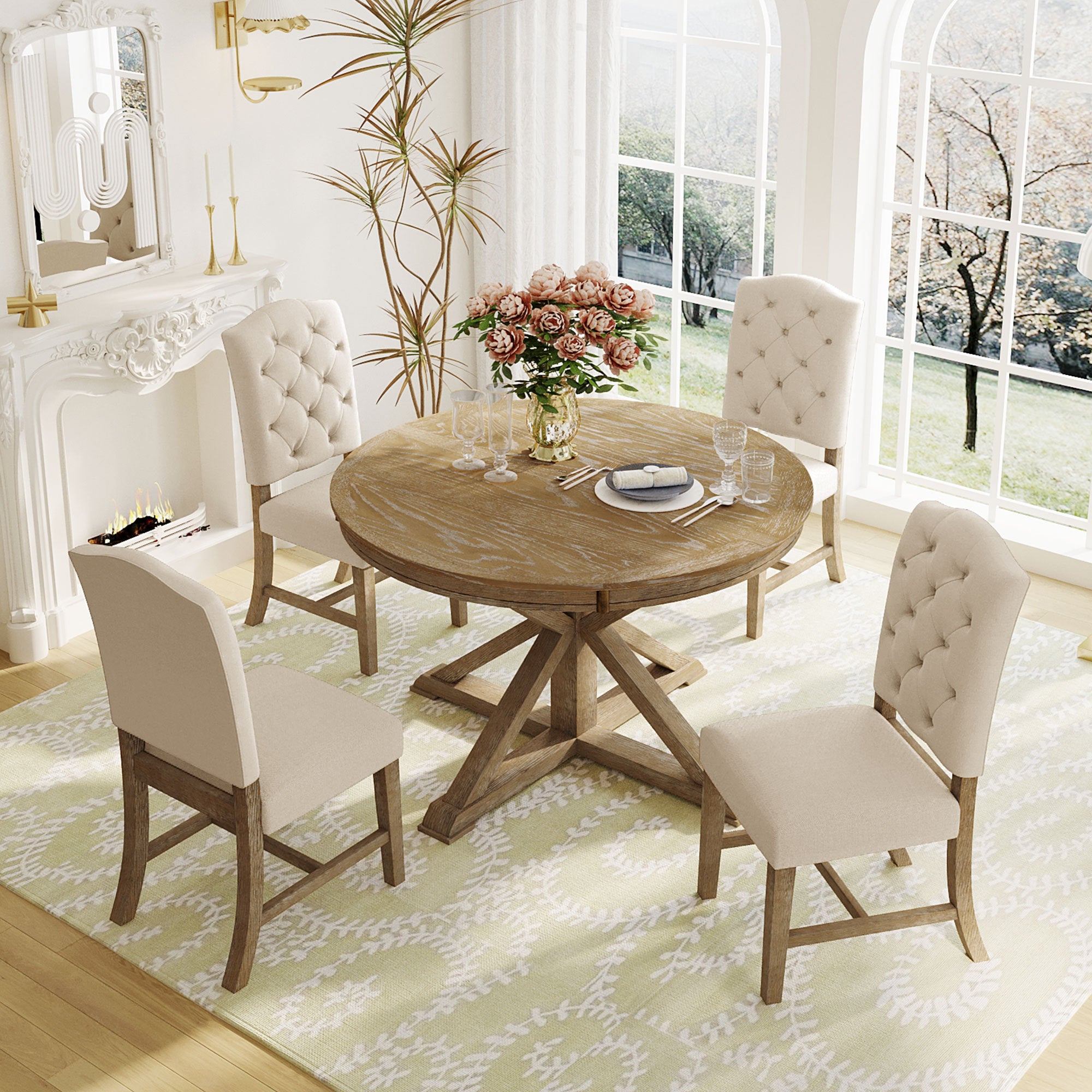 Functional Furniture Retro Style Dining Table Set With Extendable Tabl